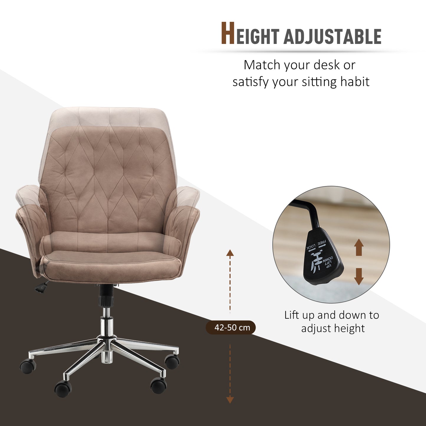 Vinsetto Stylish Mid Back Swivel Office Chair with Adjustable Height and Armrests - Coffee - ALL4U RETAILER LTD