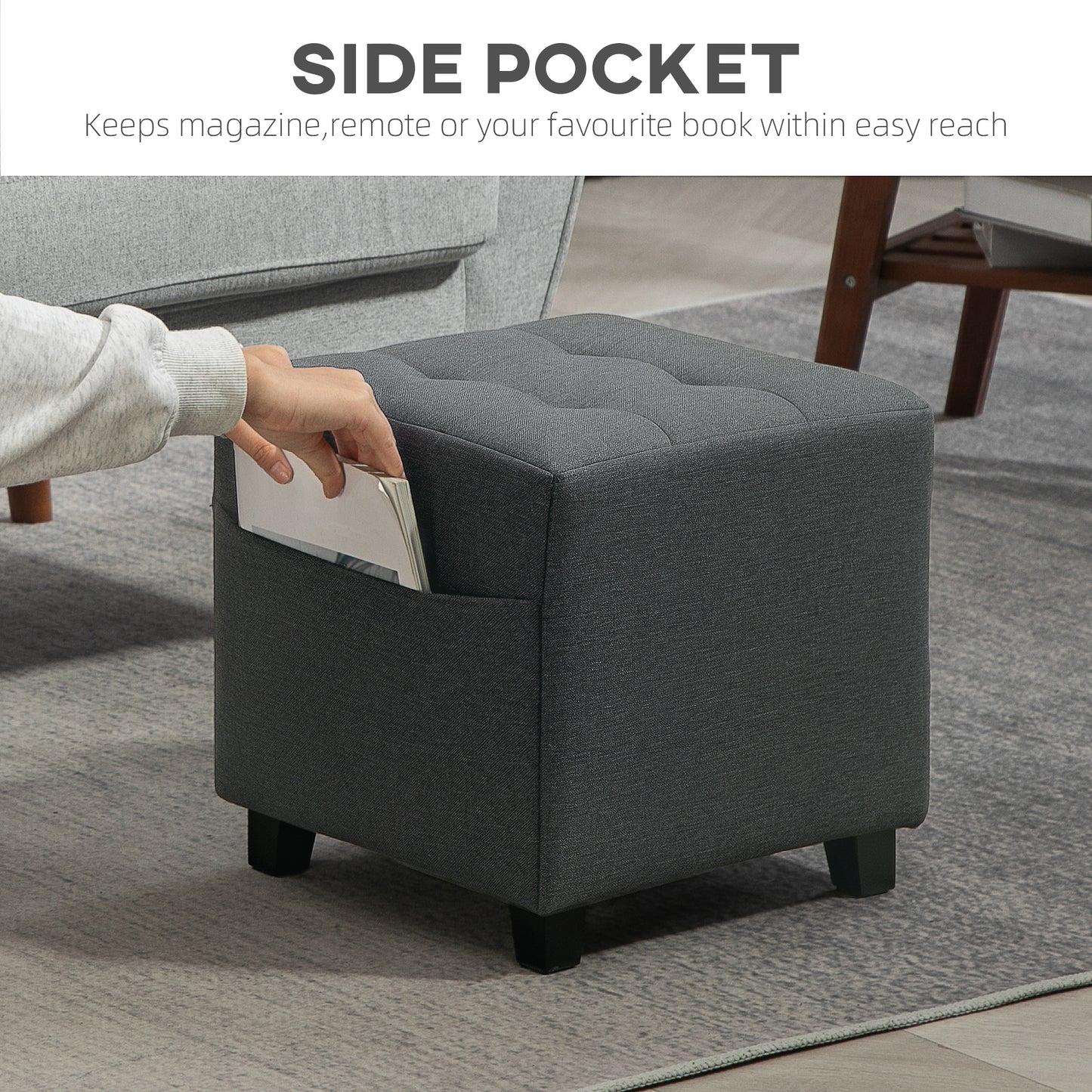 HOMCOM Square Footstool With Side Pocket Linen Fabric Ottoman Padded Seat Rubber Wood Legs Grey 35cm