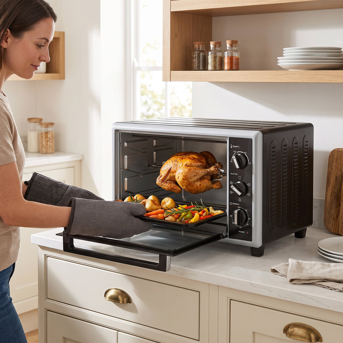 Mini convection oven with rotisserie, open door while someone loads food on the rack