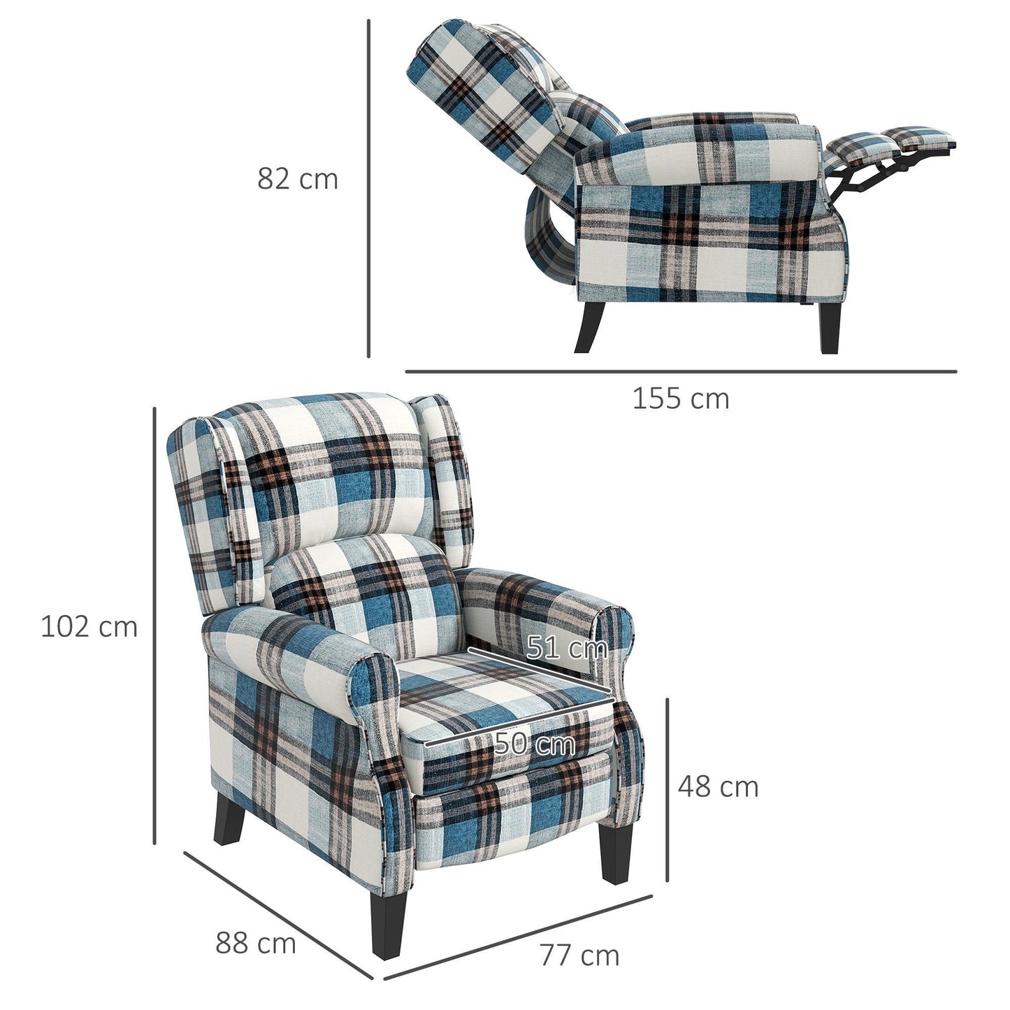 HOMCOM Recliner Chair for Living Room Wingback Chair with Padded Armrest Blue - ALL4U RETAILER LTD