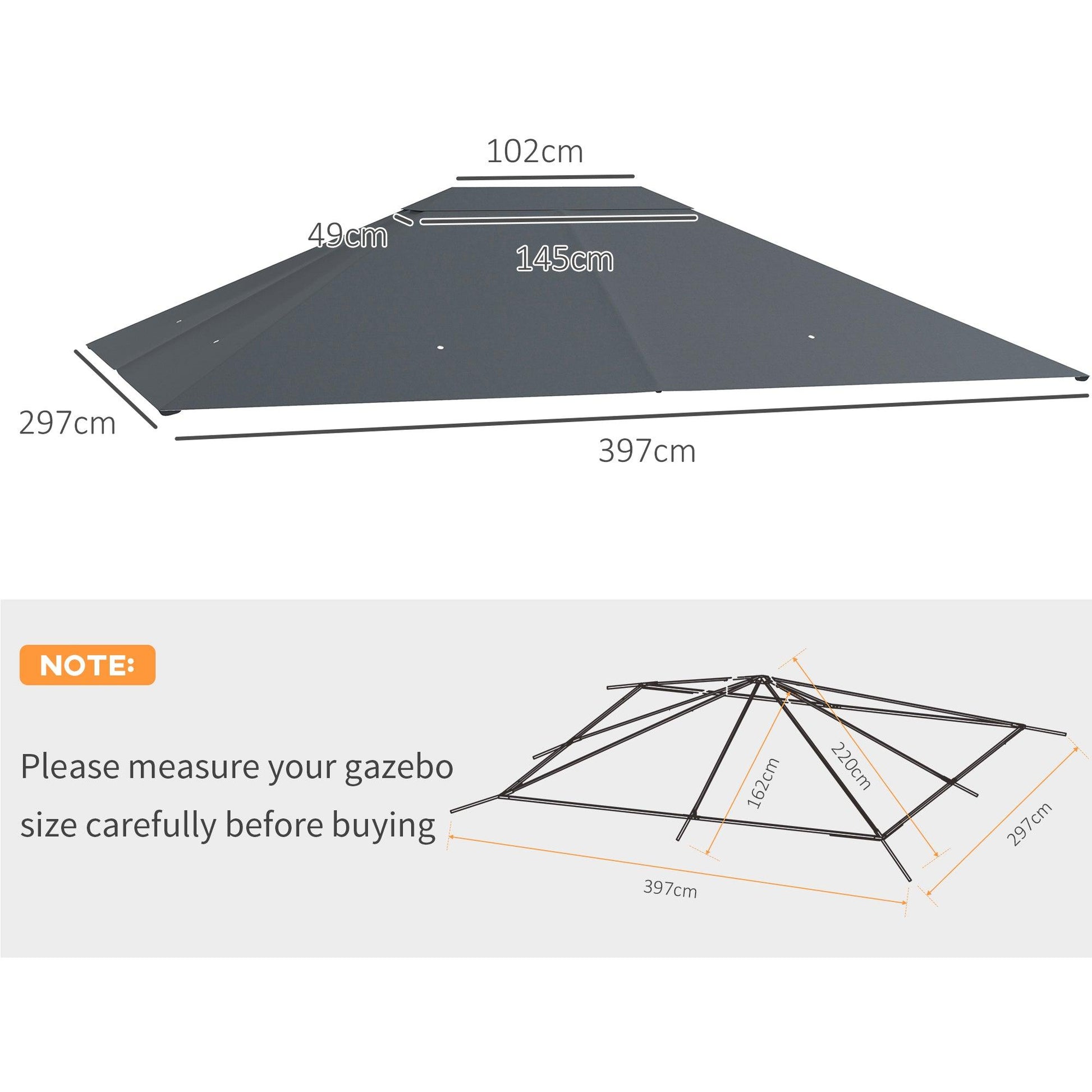 Outsunny 3 x 4m Gazebo Canopy Replacement Cover, Gazebo Roof Replacement (TOP COVER ONLY), Dark Grey - ALL4U RETAILER LTD