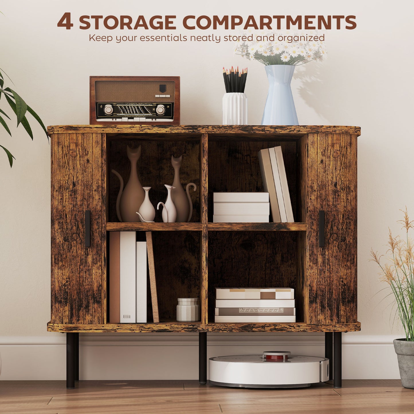 HOMCOM Mid Century Modern Kitchen Sideboard Storage Cabinet With Slatted Tambour Doors And Steel Legs Rustic Brown