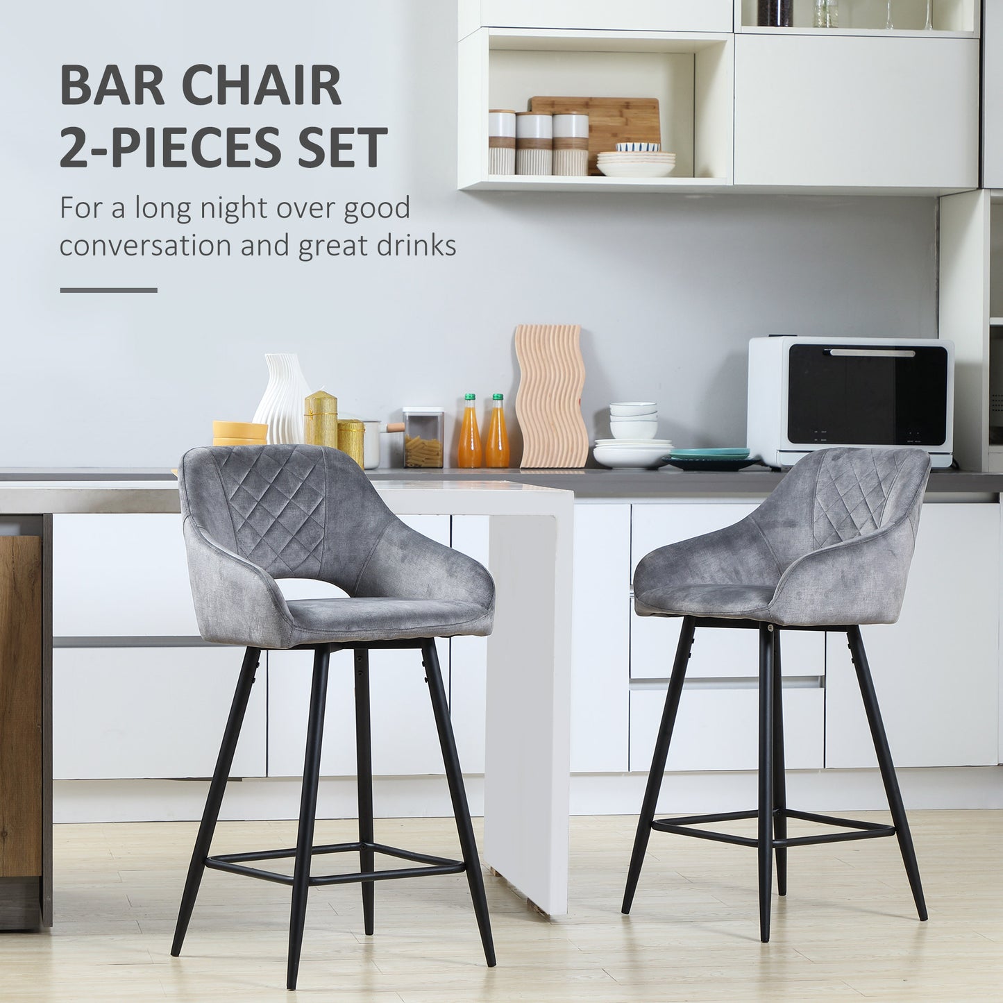 HOMCOM Bar Stools Set Of 2 Velvet Touch Fabric Counter Height Chairs With Steel Legs For Dining Area Kitchen Island Grey