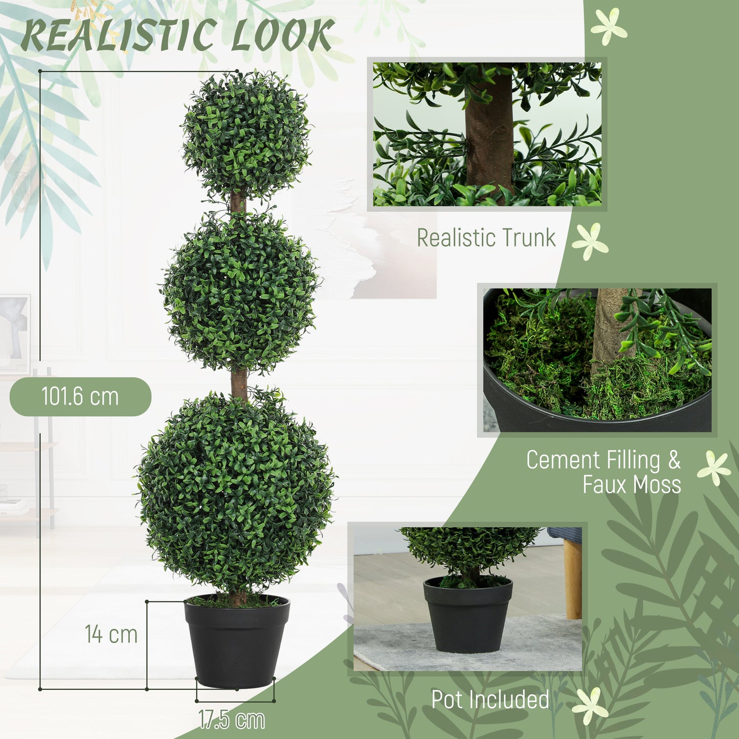 HOMCOM 2 Pack Artificial Boxwood Trees In Pots Topiary Ball Shaped For Indoor Outdoor Use UV Protected 100cm
