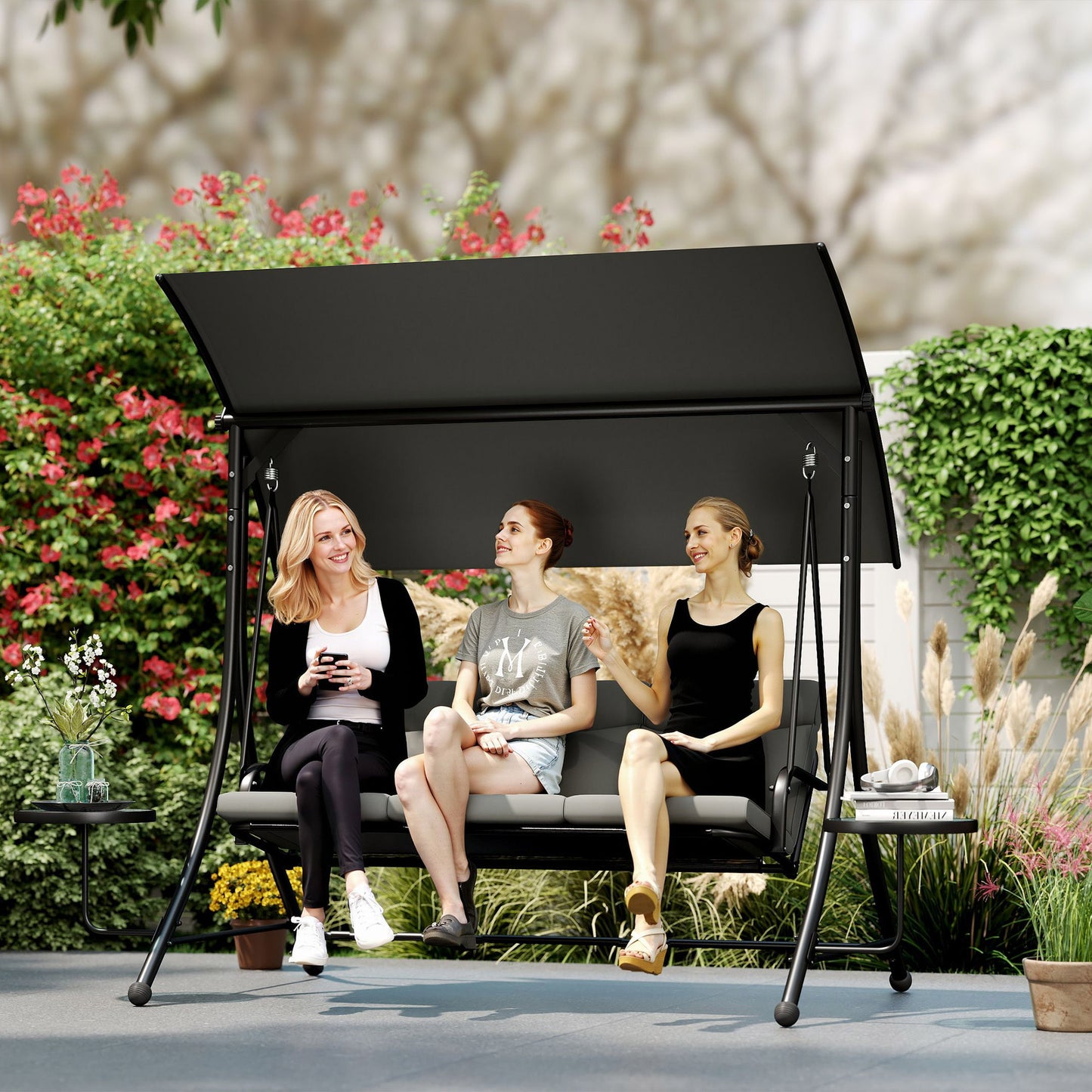 Outsunny Three Seater Garden Swing with Adjustable Canopy Black Grey Cushioned Seat and Back