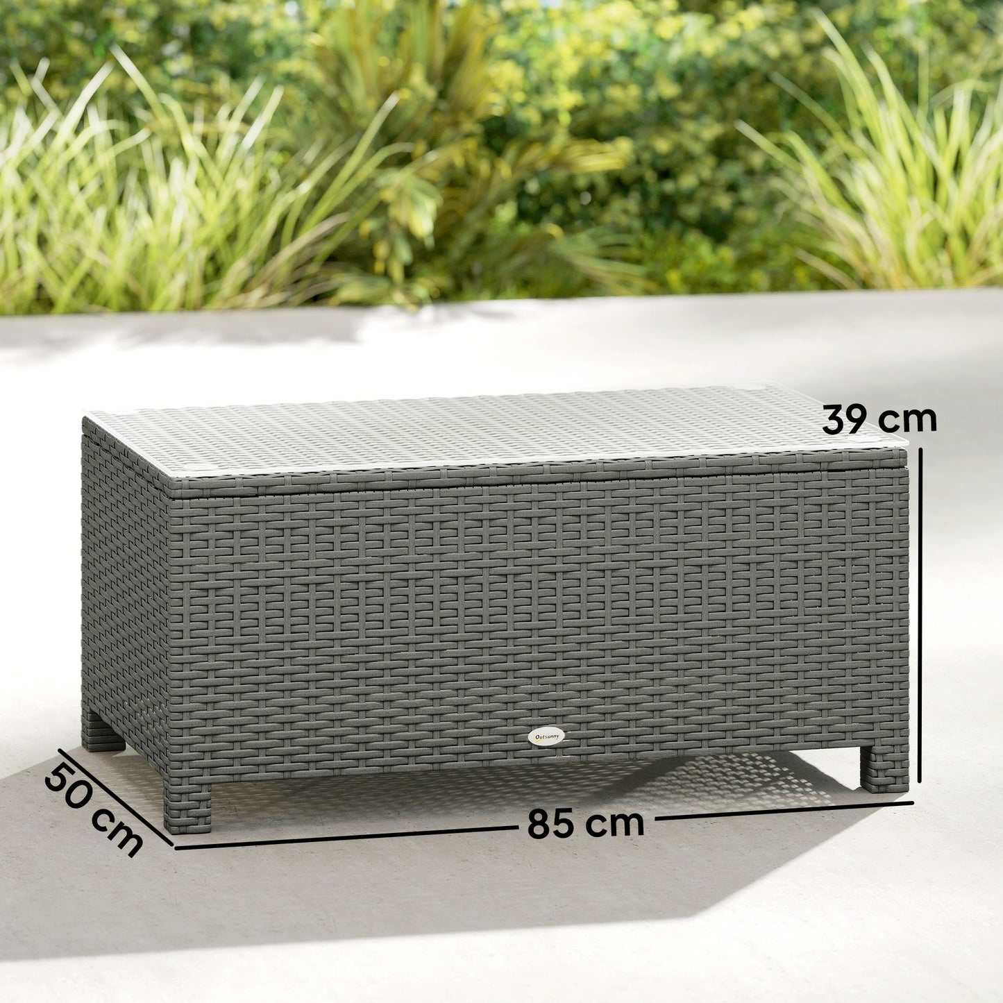 Outsunny Rattan Garden Coffee Table With Glass Top In Light Grey With Sturdy Metal Frame For Outdoor Patio