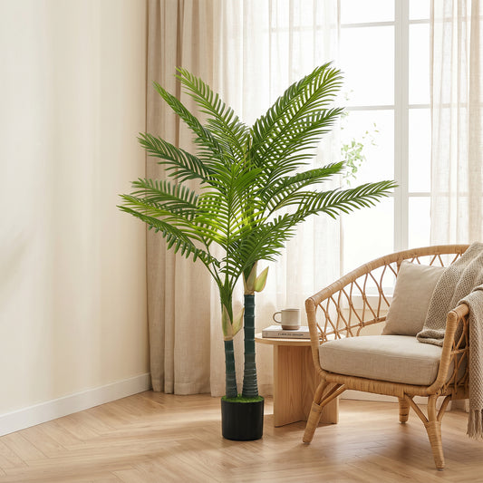 HOMCOM 150cm Artificial Palm Tree With 16 PEVA Leaves, Potted Faux Plant With Moss Base For Living Room Decor Green