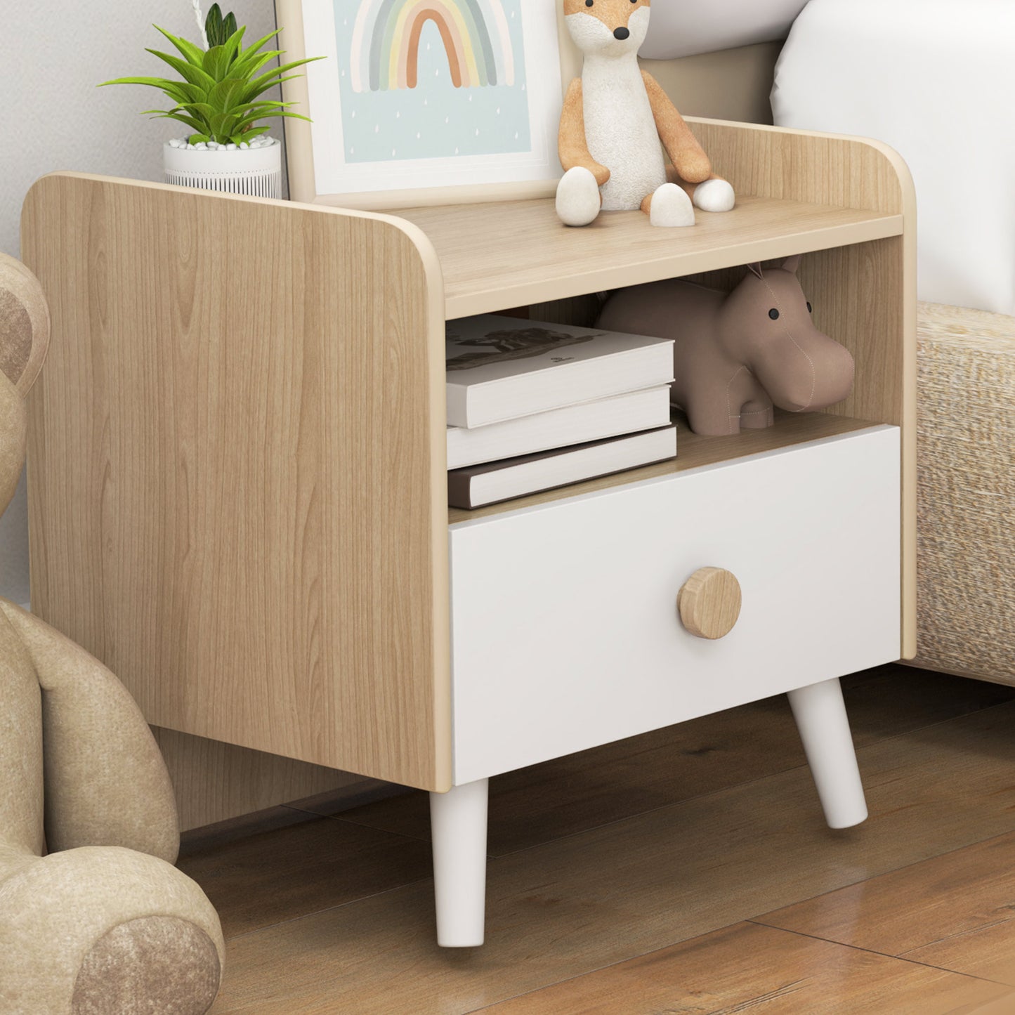 AIYAPLAY Kids Bedside Table With Drawer And Open Storage Shelf Wooden Nightstand For Bedroom White