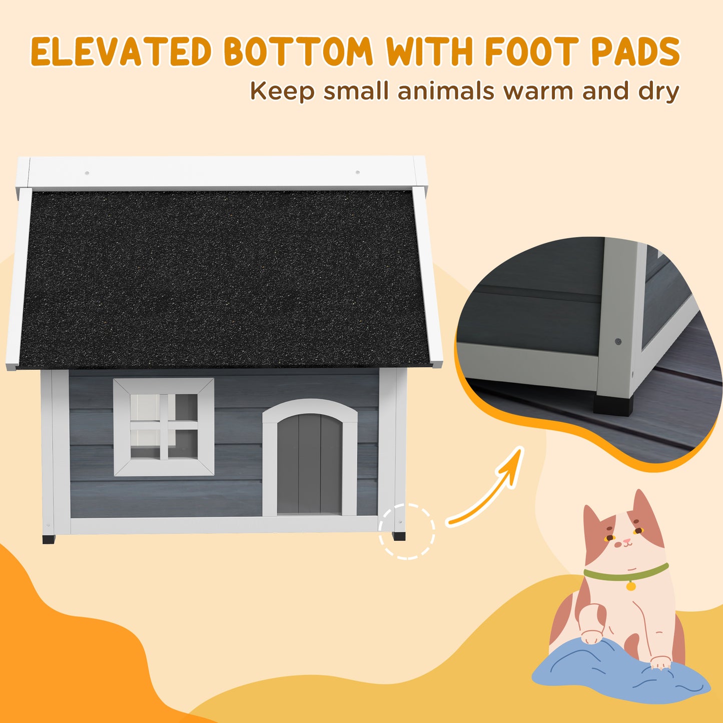 PawHut Outdoor Wooden Cat Shelter with Waterproof Asphalt Roof and Easy Access Doors - Grey Cat House - ALL4U RETAILER LTD