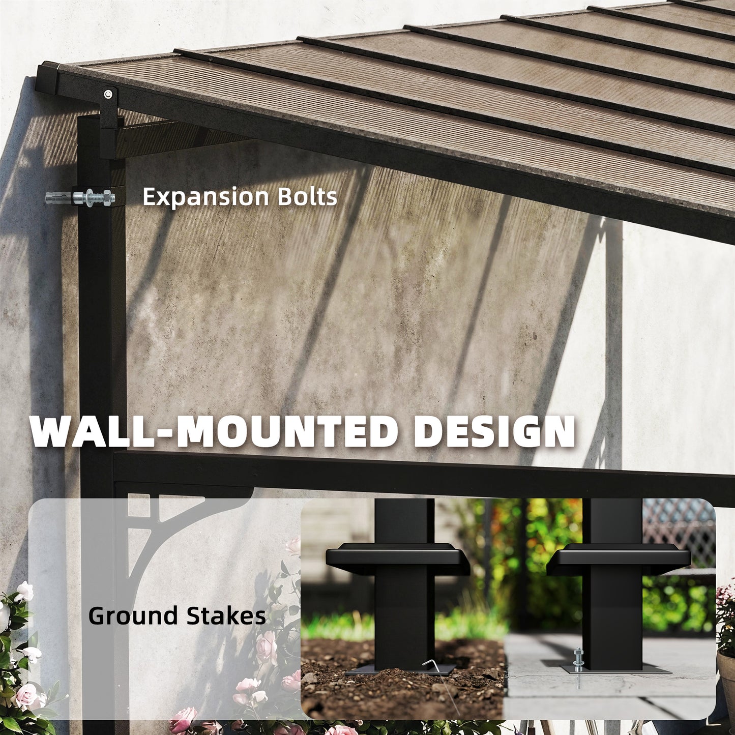 Outsunny 4 x 3 m Metal Lean To Pergola With Polycarbonate Roof Wall Mounted Garden Gazebo Brown