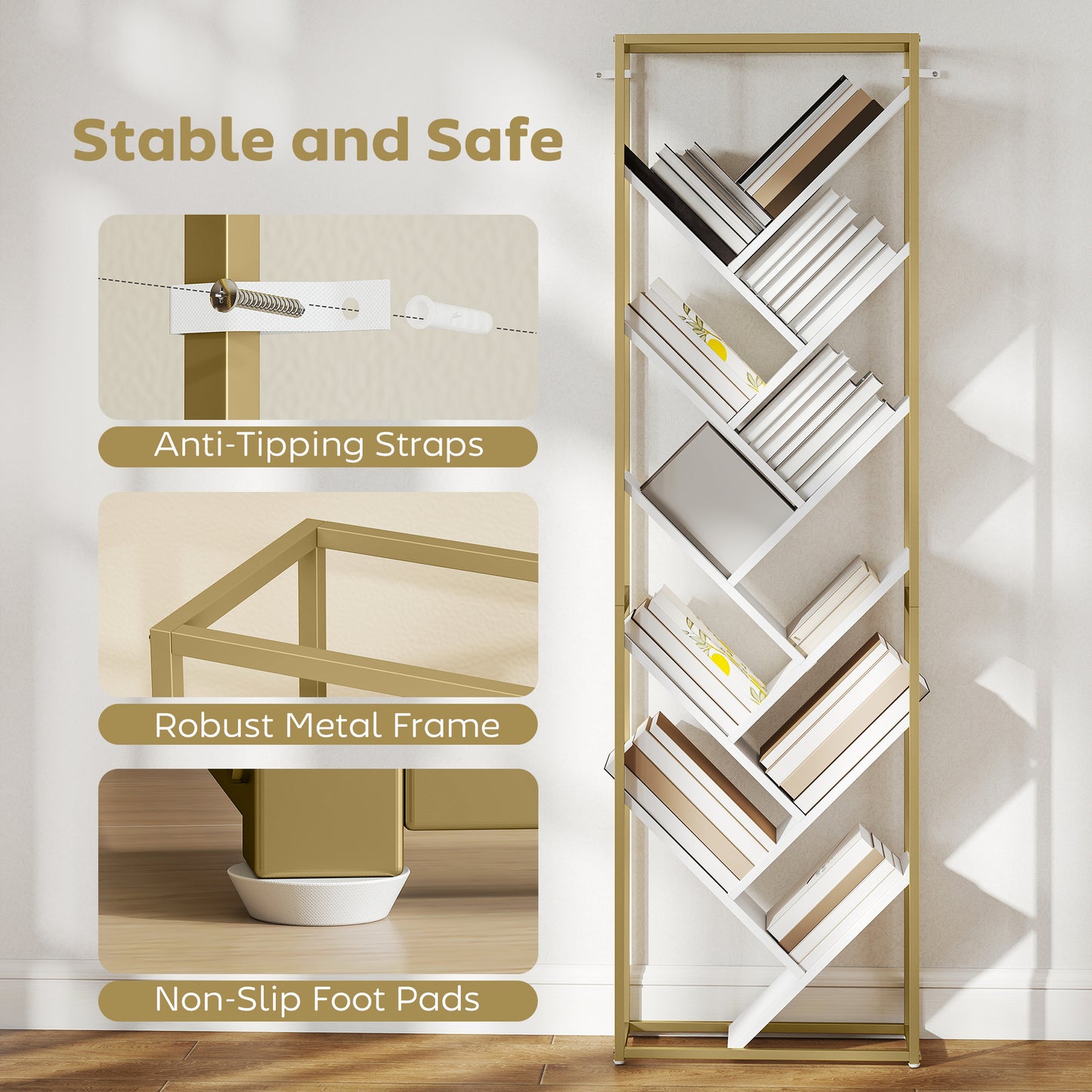 HOMCOM 10 Shelf Modern Style Tree Bookshelf Gold Tone White Tall 170 cm Space Saving Floor Standing