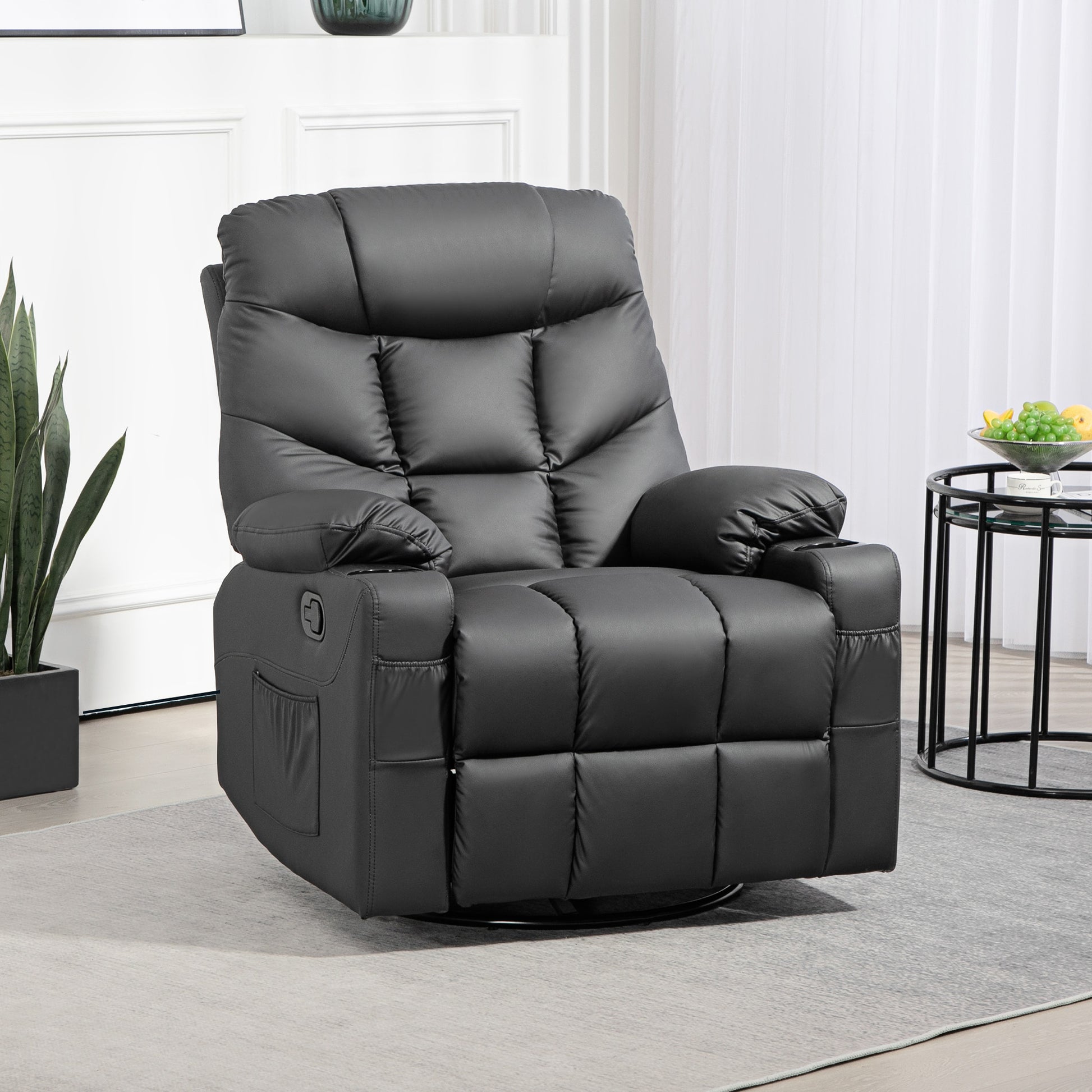 HOMCOM 360° Swivel Recliner Chair with Footrest and Cup Holders, Faux Leather Armchair in Black, Manual Recline, Compact Design - ALL4U RETAILER LTD