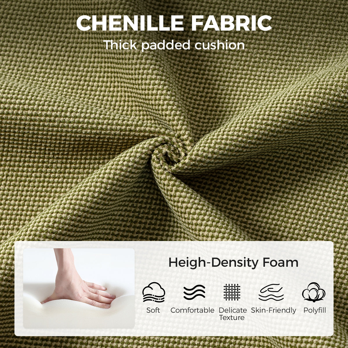 Green chenille-style upholstery fabric on thick padded chair cushion