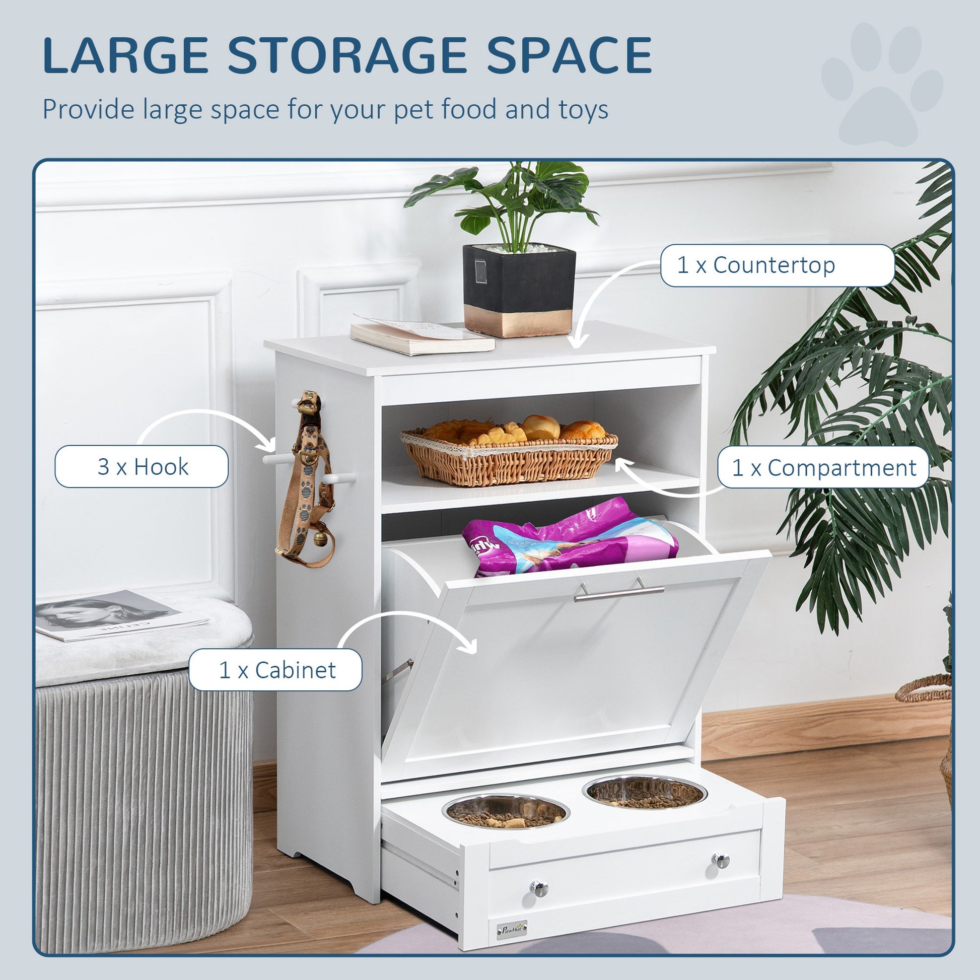 PawHut Elevated Pet Feeding Station with Storage Cabinet and Bowls - White Design - ALL4U RETAILER LTD