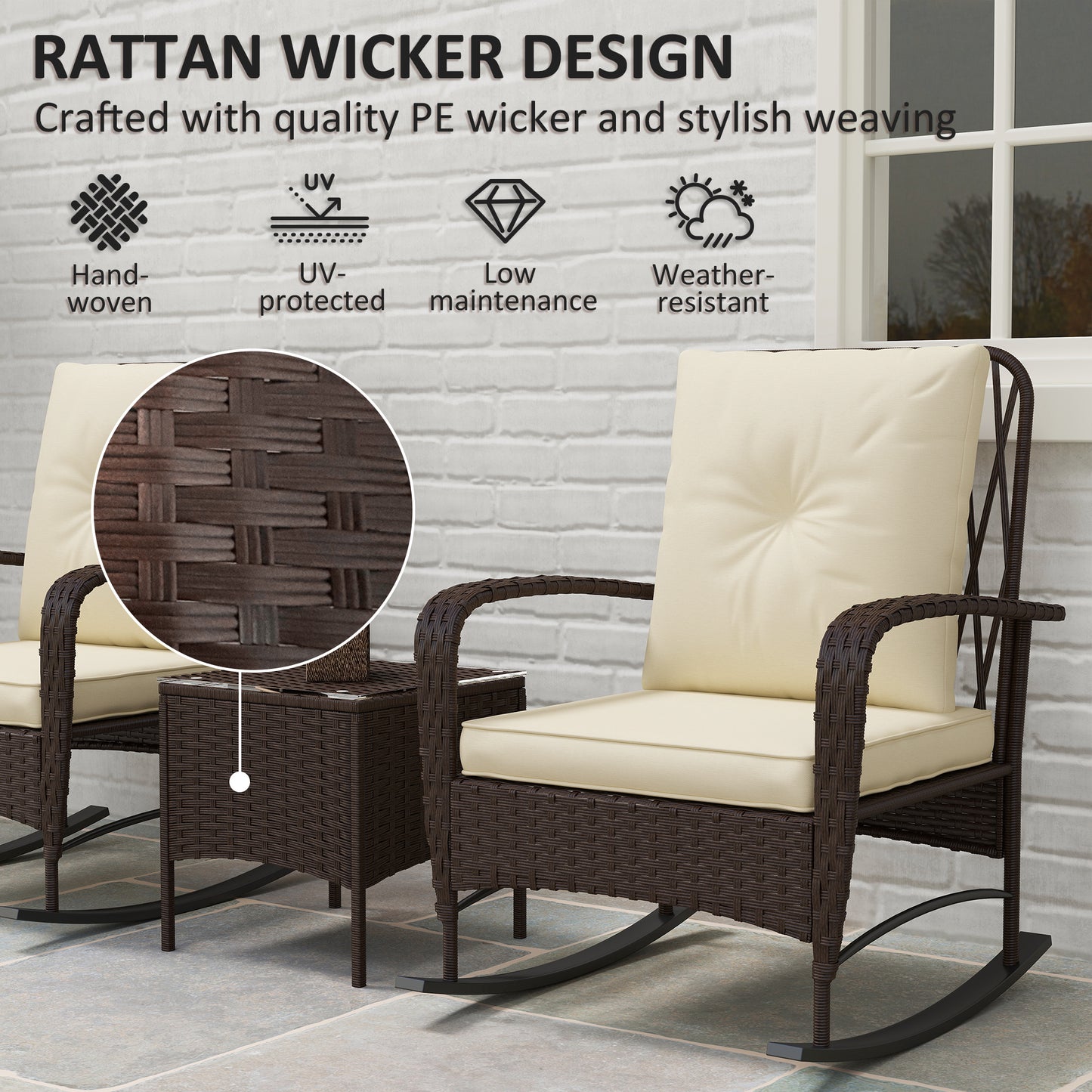 Outsunny Three Piece Rattan Bistro Set With Glass Top Table Two Rocking Chairs Brown Outdoor Garden