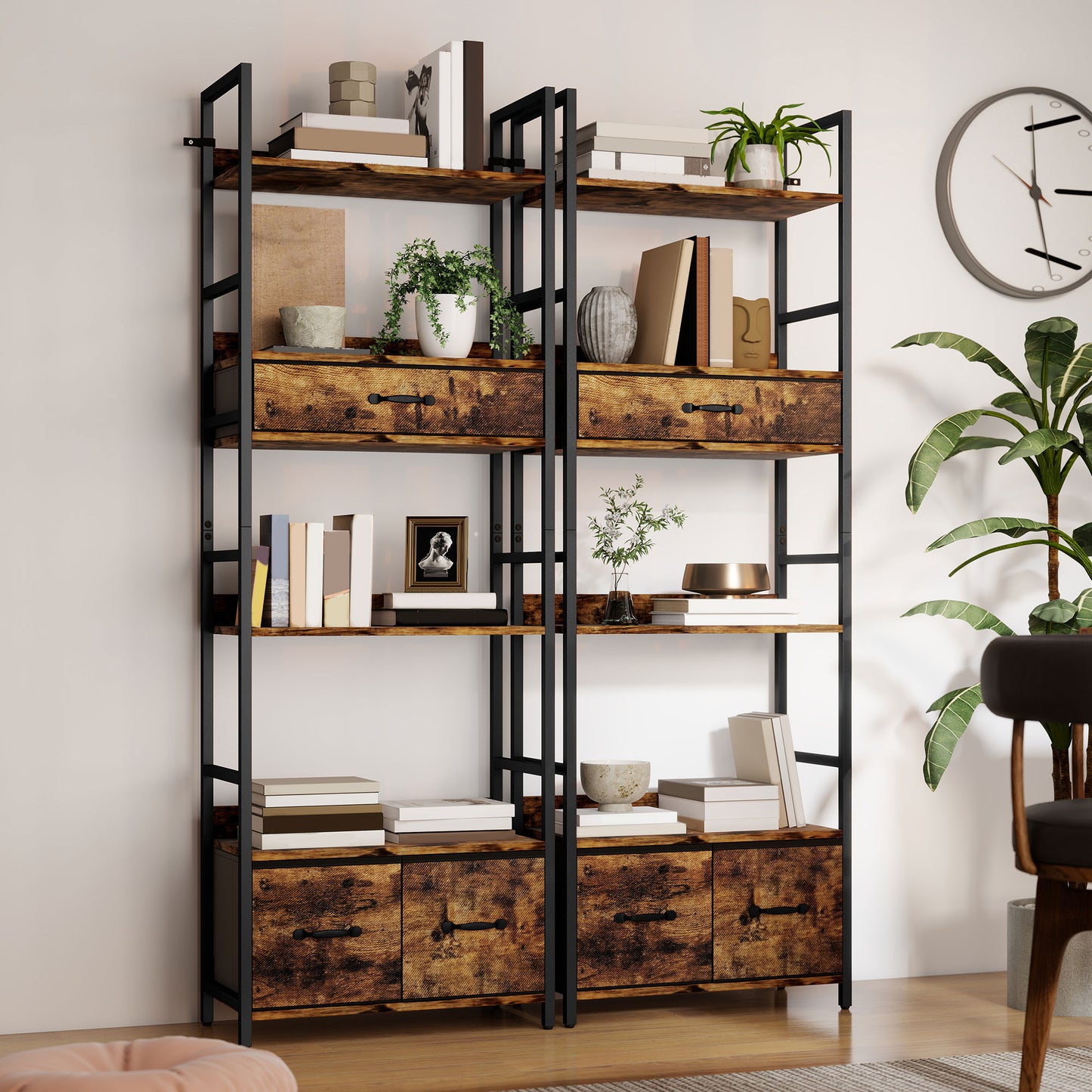 HOMCOM Industrial Style Bookcase With 4 Shelves And 3 Fabric Drawers Brown Black