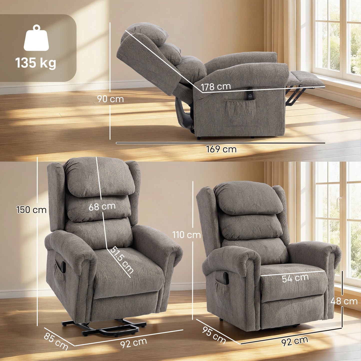 HOMCOM Velvet Feel Electric Riser Recliner Chair Power Lift With Remote Control For Elderly Dark Grey