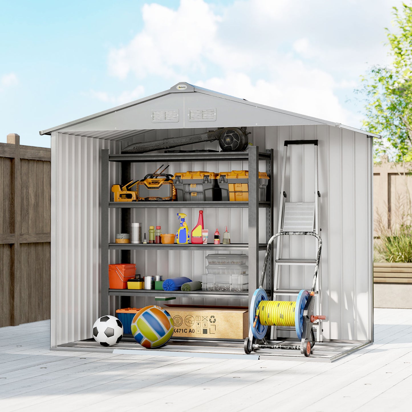 Outsunny 7 By 4ft Lockable Metal Garden Tool Storage Shed Galvanised Steel With Double Sliding Doors Light Grey