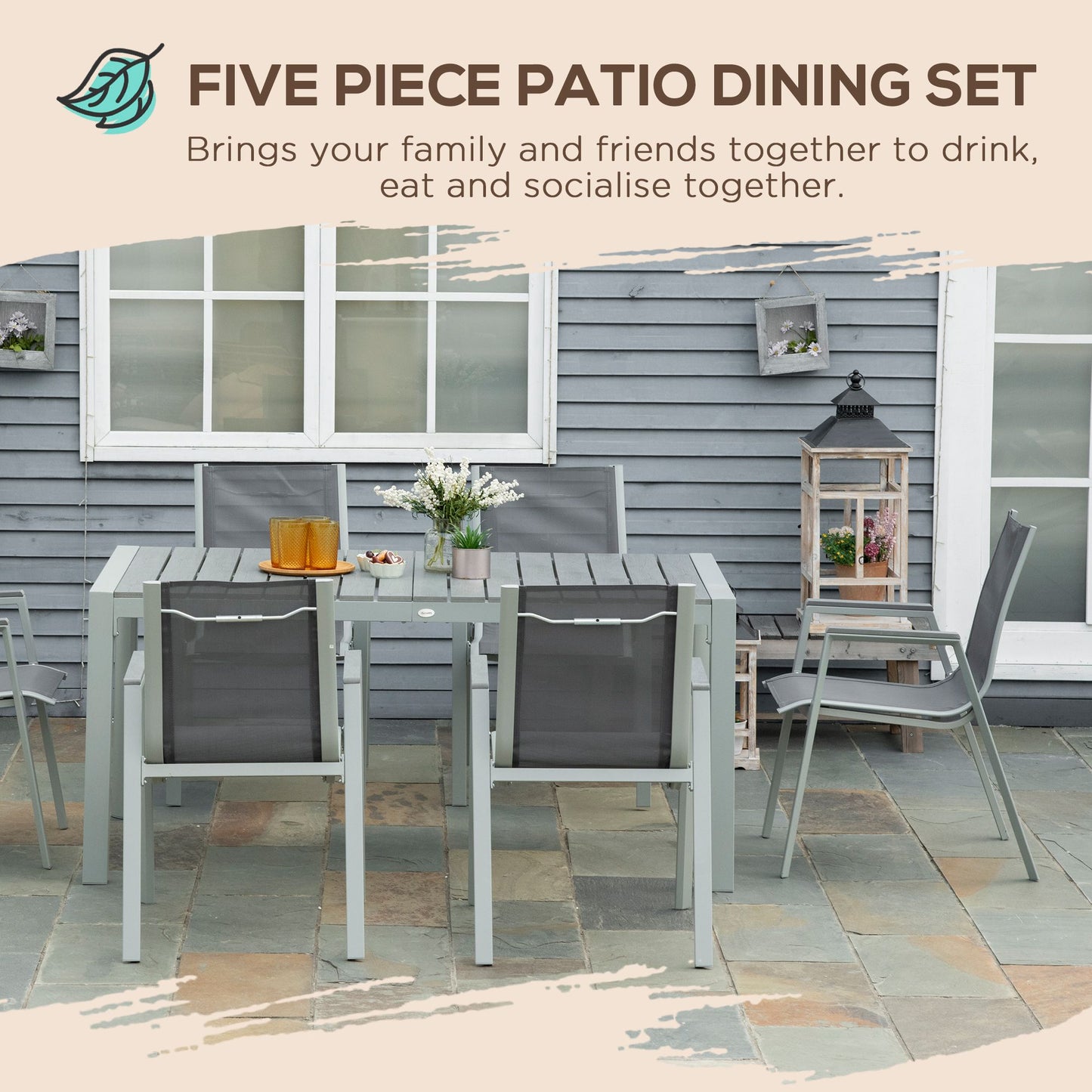 Outsunny Light Grey 7-Piece Outdoor Dining Set with Slatted Wood Grain Table and Mesh Fabric Chairs - ALL4U RETAILER LTD