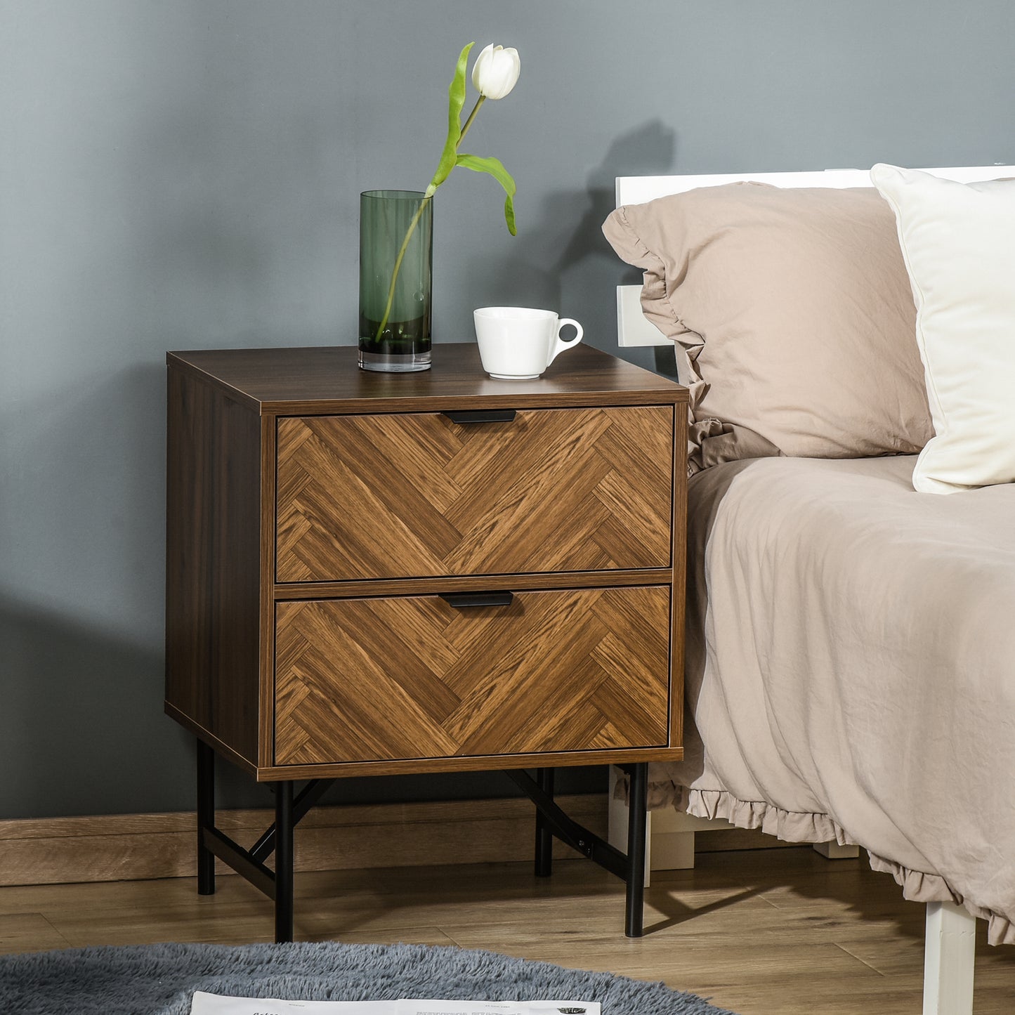HOMCOM Bedside Table Set Of 2 With 2 Drawers Herringbone Pattern And Metal Legs Walnut Brown For Bedroom And Living Room