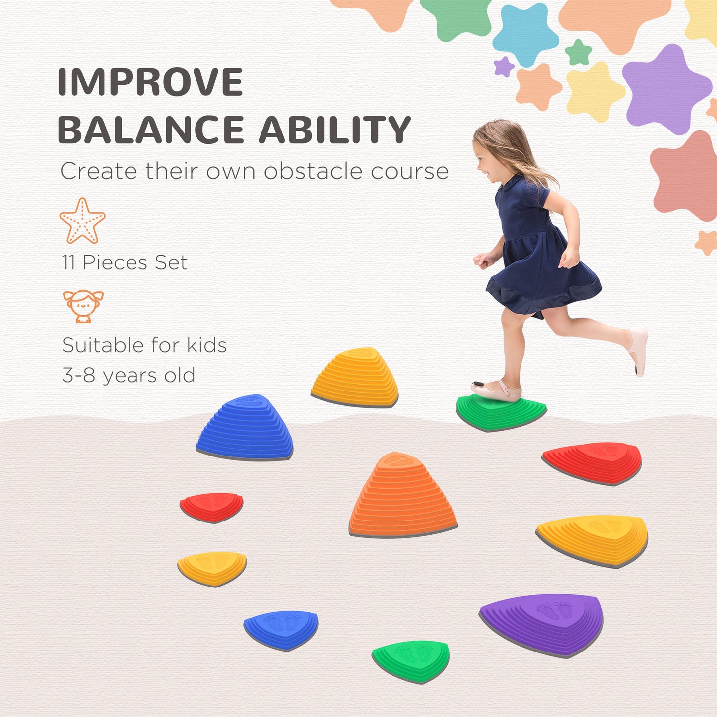 ZONEKIZ 11-Piece Kids Balance Stones Set for Indoor/Outdoor Obstacle Courses - Non-Slip, Stackable Sensory Play for Ages 3-8 - ALL4U RETAILER LTD