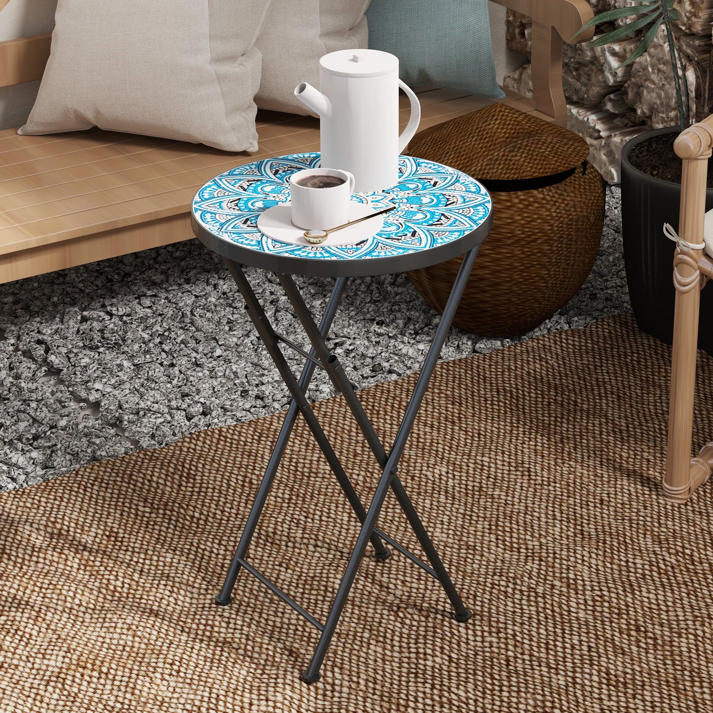 Outsunny Mosaic Outdoor Garden Table 35.5cm Round Folding Coffee Table With Metal Frame Blue For Balcony Terrace