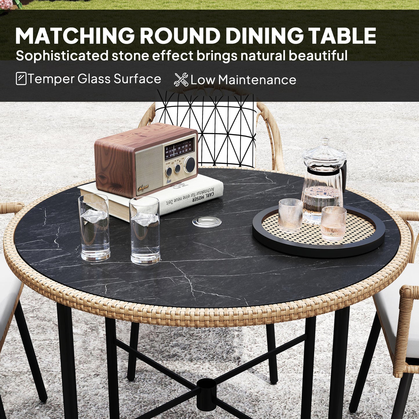 Outsunny 5 Piece Patio Rattan Dining Set With Removable Cushions Round Tempered Glass Tabletop Parasol Hole Light Brown