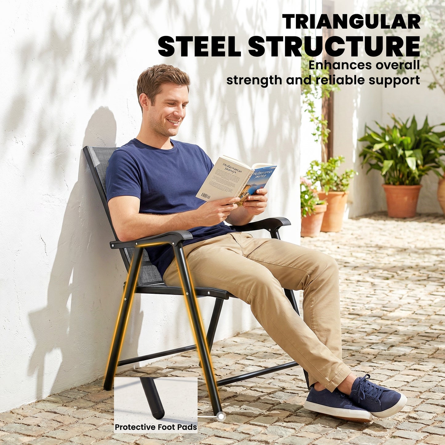 Outsunny Folding Garden Chairs Set Of 4 With High Back Armrests Texteline Seat In Light Grey