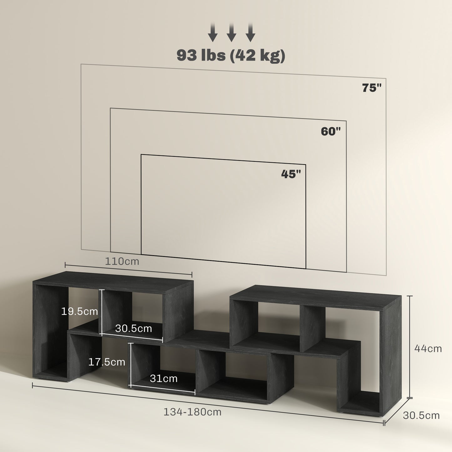 HOMCOM Three Block Modular TV Stand Black Wood Effect with Six Shelves for Up to 75 Inch Screens