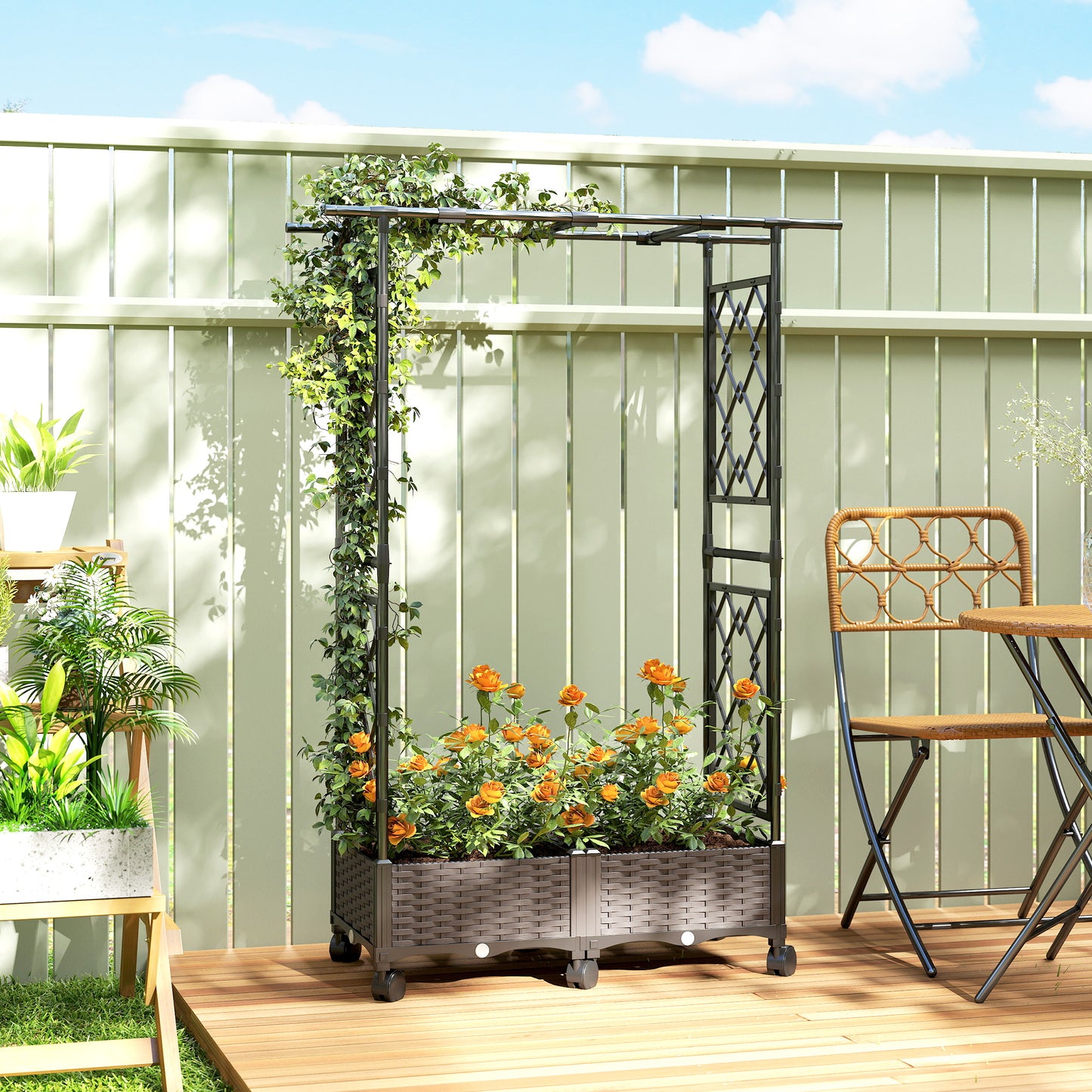 Outsunny Raised Garden Bed with Arch Trellis on Wheels Self Watering Planter Box with Side Trellis