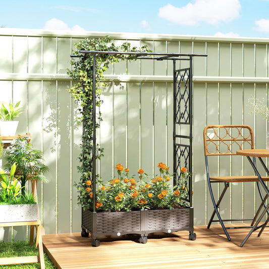 Outsunny Raised Garden Bed with Arch Trellis on Wheels Self Watering Planter Box with Side Trellis
