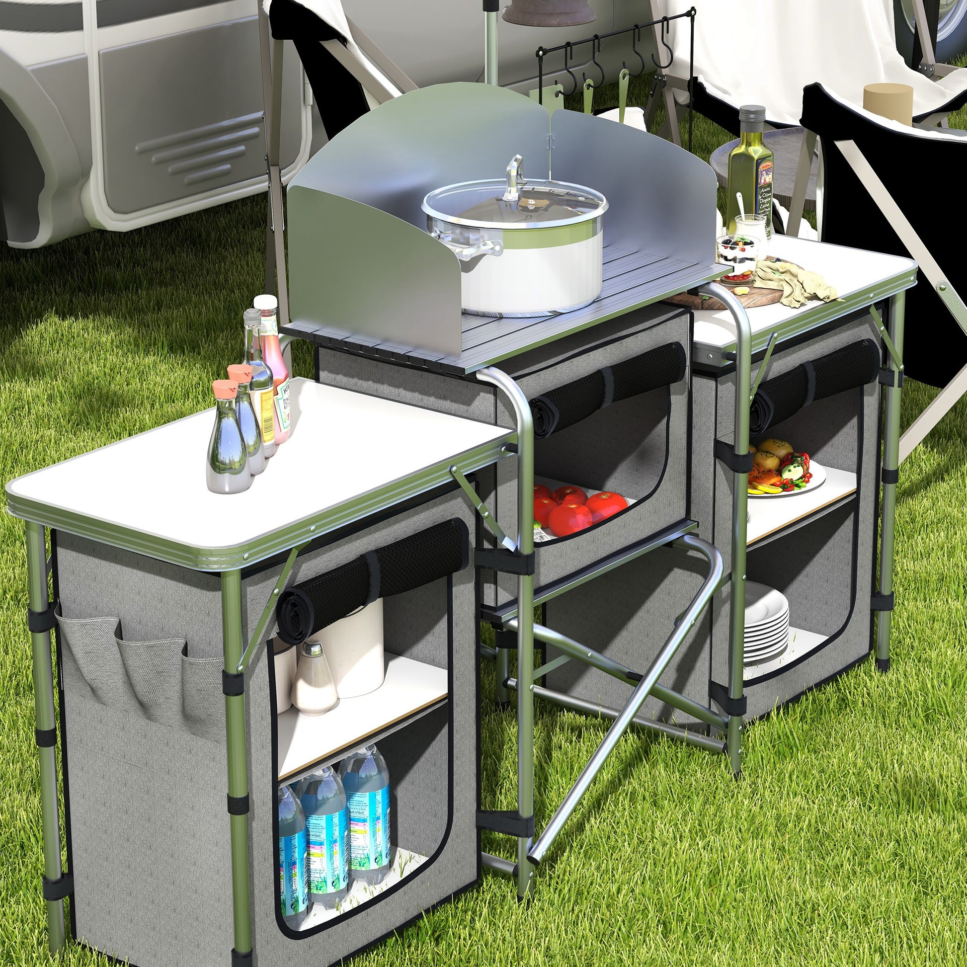 Outsunny Portable Aluminium Camping Kitchen with Windshield & Storage Solutions for BBQ Adventures - ALL4U RETAILER LTD