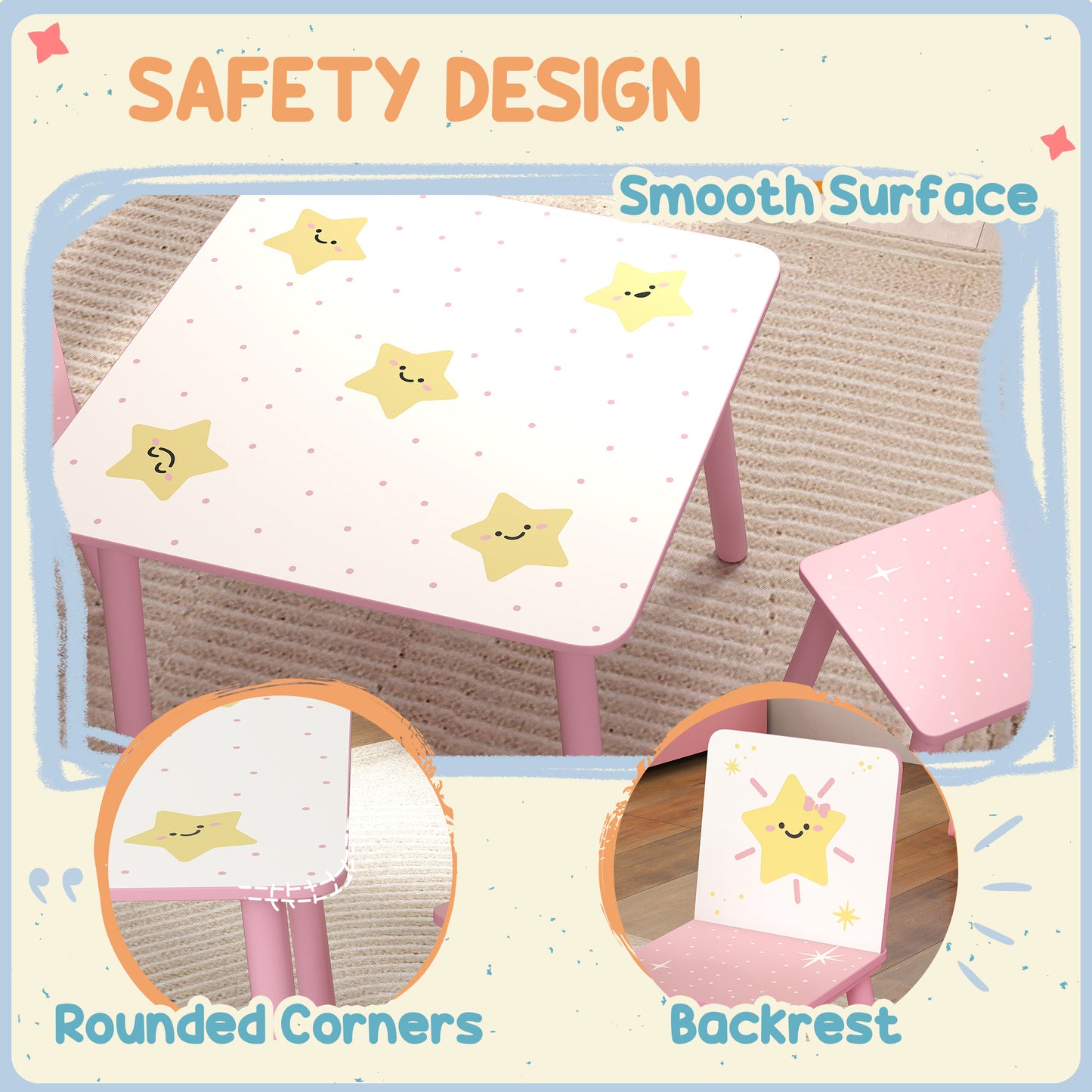 AIYAPLAY 3 Piece Toddler Table and Chair Set Pink With Star Pattern for Bedroom Nursery Playroom Table and 2 Chairs