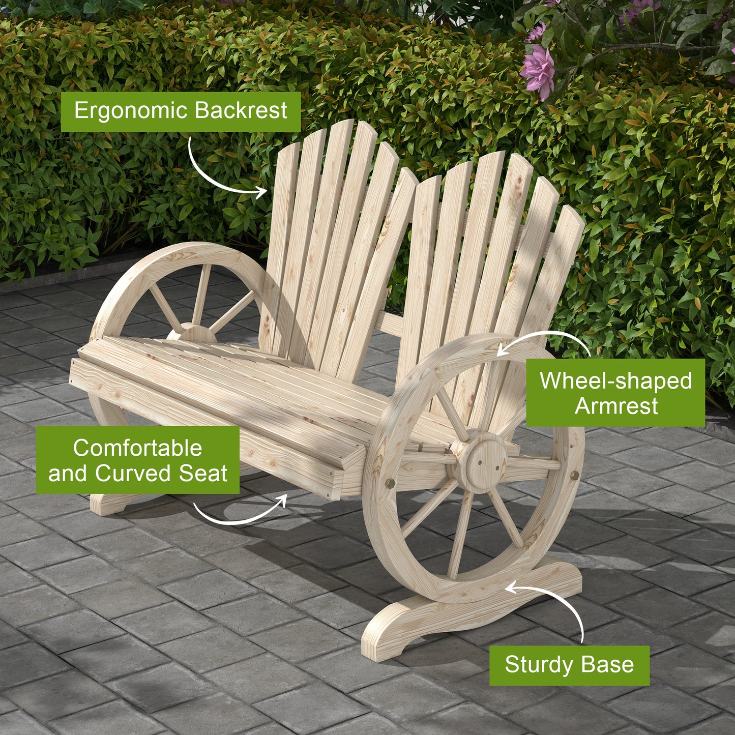 Outsunny Fir Wood Love Seat With Wheel Shaped Armrests Outdoor Patio Chair For Two People Natural Wood Finish