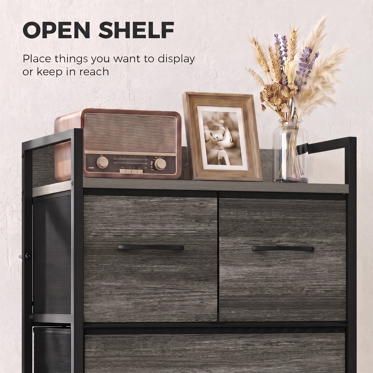 Grey wood-effect dresser with open top shelf and fabric storage drawers, black frame