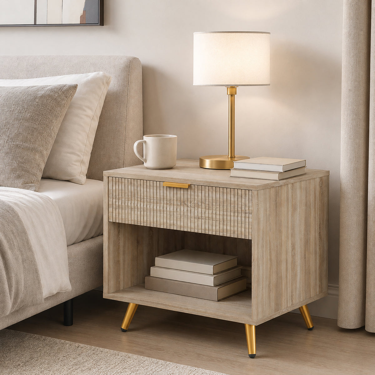 HOMCOM Bedside Table With Drawer Natural Wood Finish Nightstand Bedroom