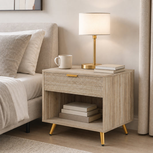 Natural wood bedside table with open shelf, ribbed front drawer, and gold legs