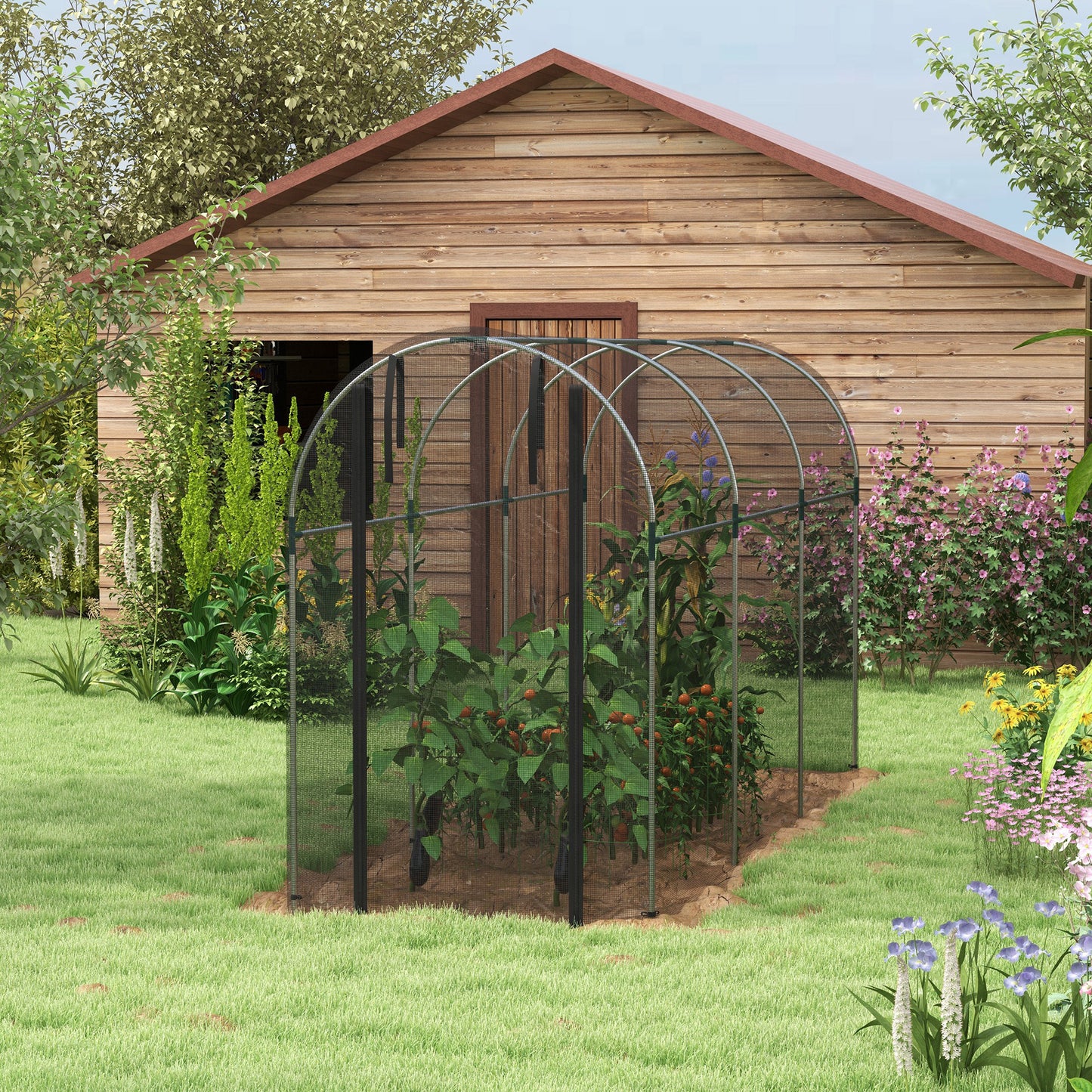 Outsunny 360 x 120cm Galvanised Steel Fruit Cage Plant Protection Tent with Zipped Door Black