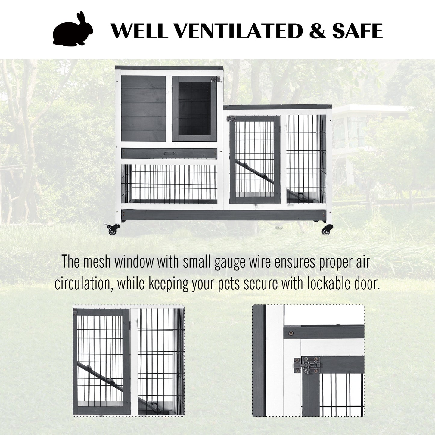 PawHut Elevated Wooden Indoor Cage Habitat for Small Animals with Enclosed Run and Wheels, Grey and White - ALL4U RETAILER LTD