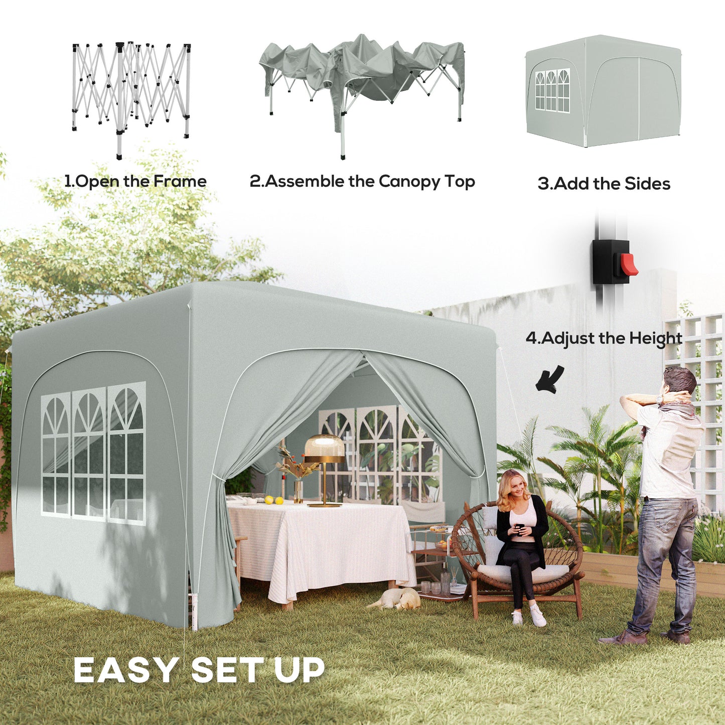 Outsunny 3x3m Pop Up Gazebo Shelter With Accessories Light Grey UPF50 UV Protection Adjustable Heights 253cm 263cm 273cm