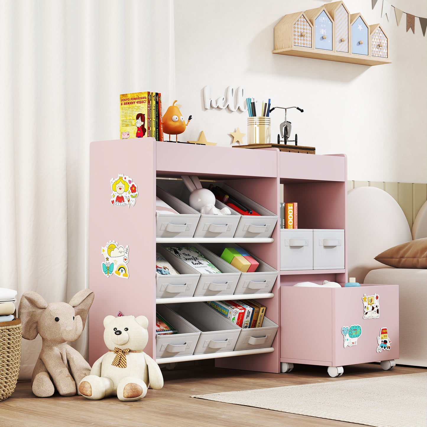 AIYAPLAY Kids Toy Storage Unit With 11 Fabric Bins Cabinet Top Shelves And 3 Stickers Pink For Nursery Playroom