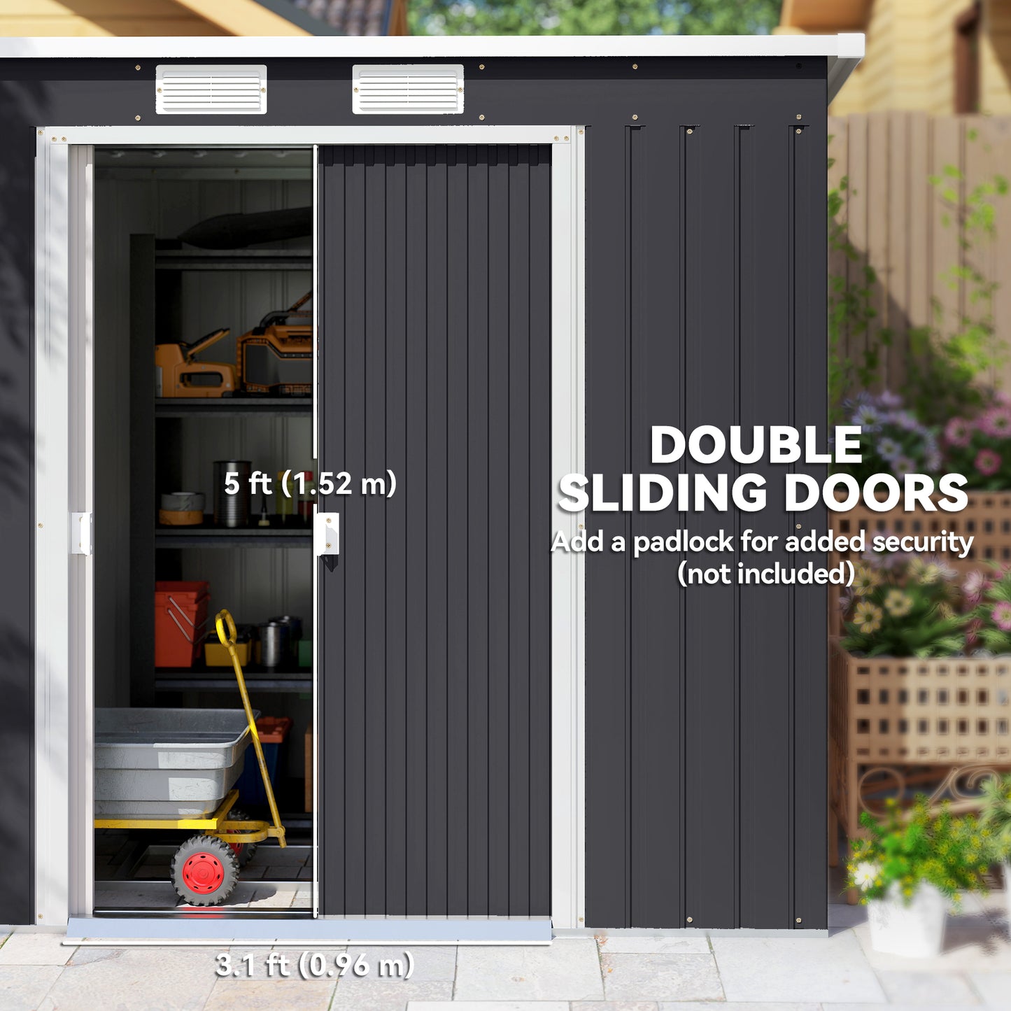 Outsunny 7 By 4Ft Galvanised Steel Garden Shed With Foundation Kit Double Door Two Vents Dark Grey