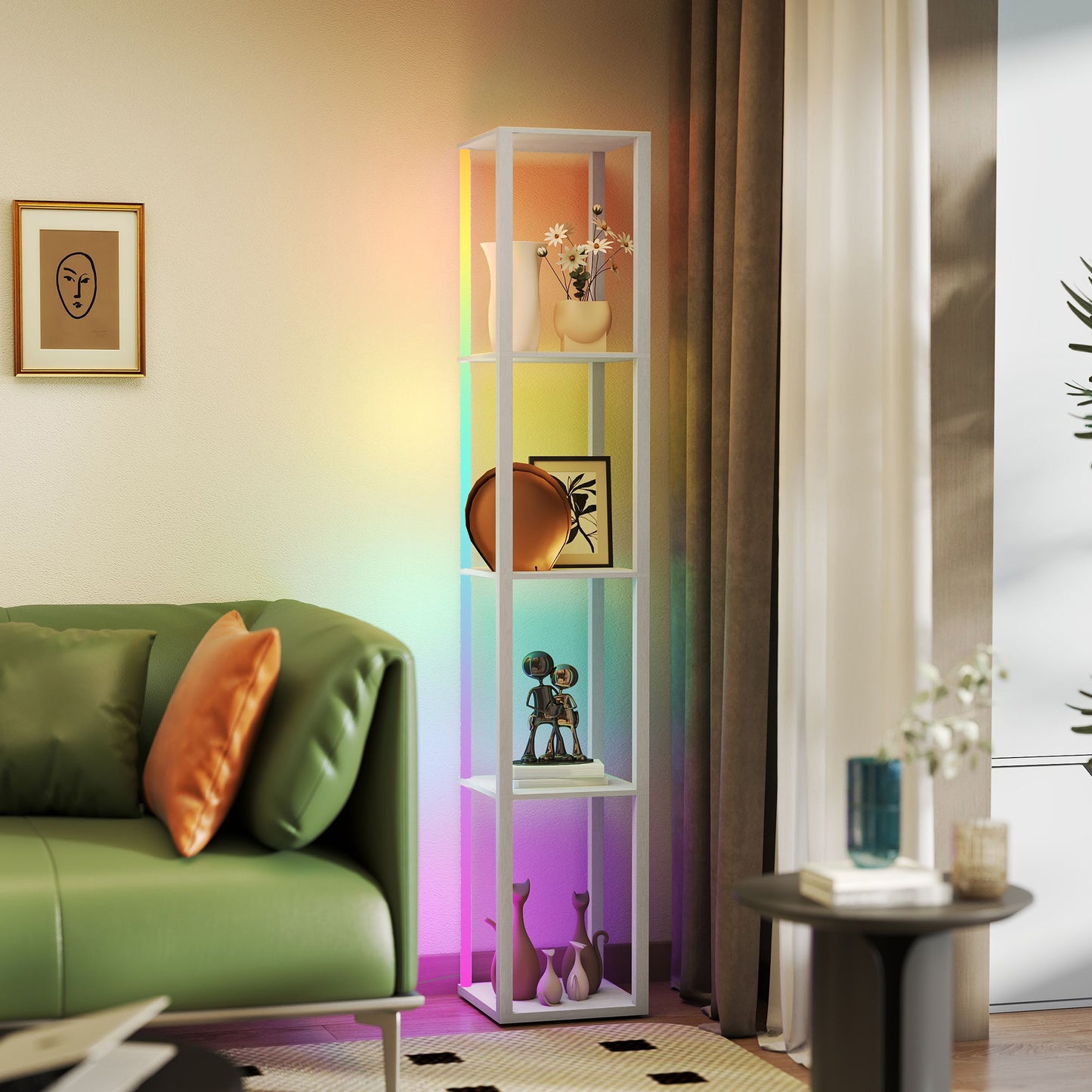 HOMCOM RGB LED Floor Lamp With Shelves Modern Dimmable Standing Lamp With Remote For Living Room Bedroom Office White