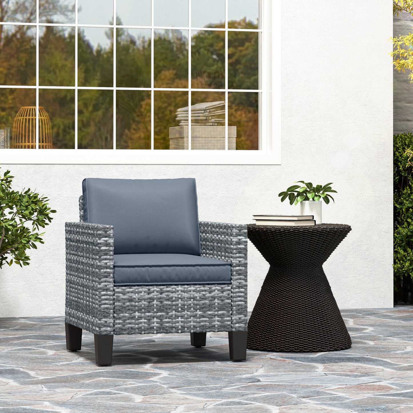 Outsunny Single Rattan Armchair With Cushions Light Grey Outdoor Garden Patio Furniture