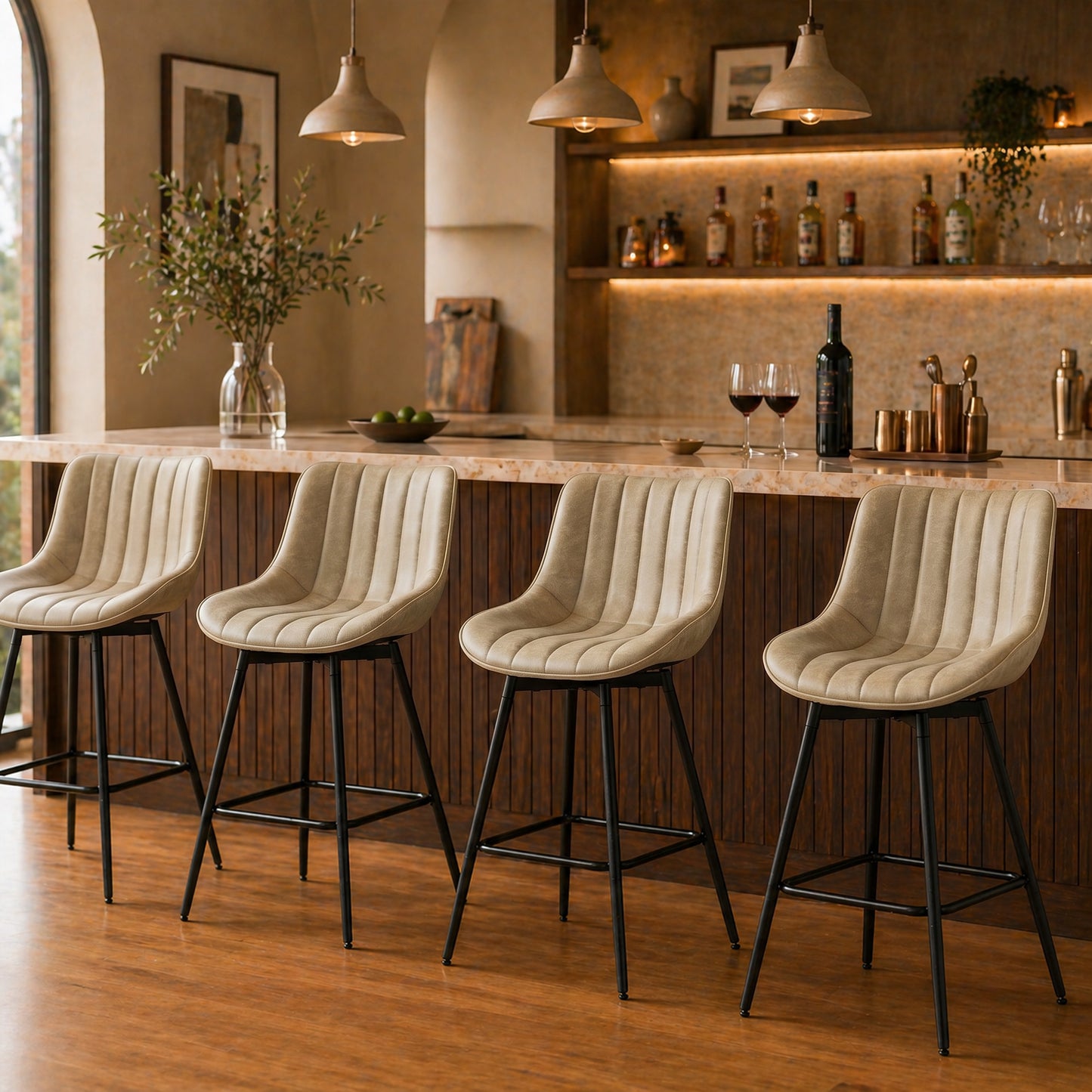 HOMCOM Set Of 2 PU Leather Swivel Bar Stools Light Brown 360 Degree Swivel For Kitchen Island