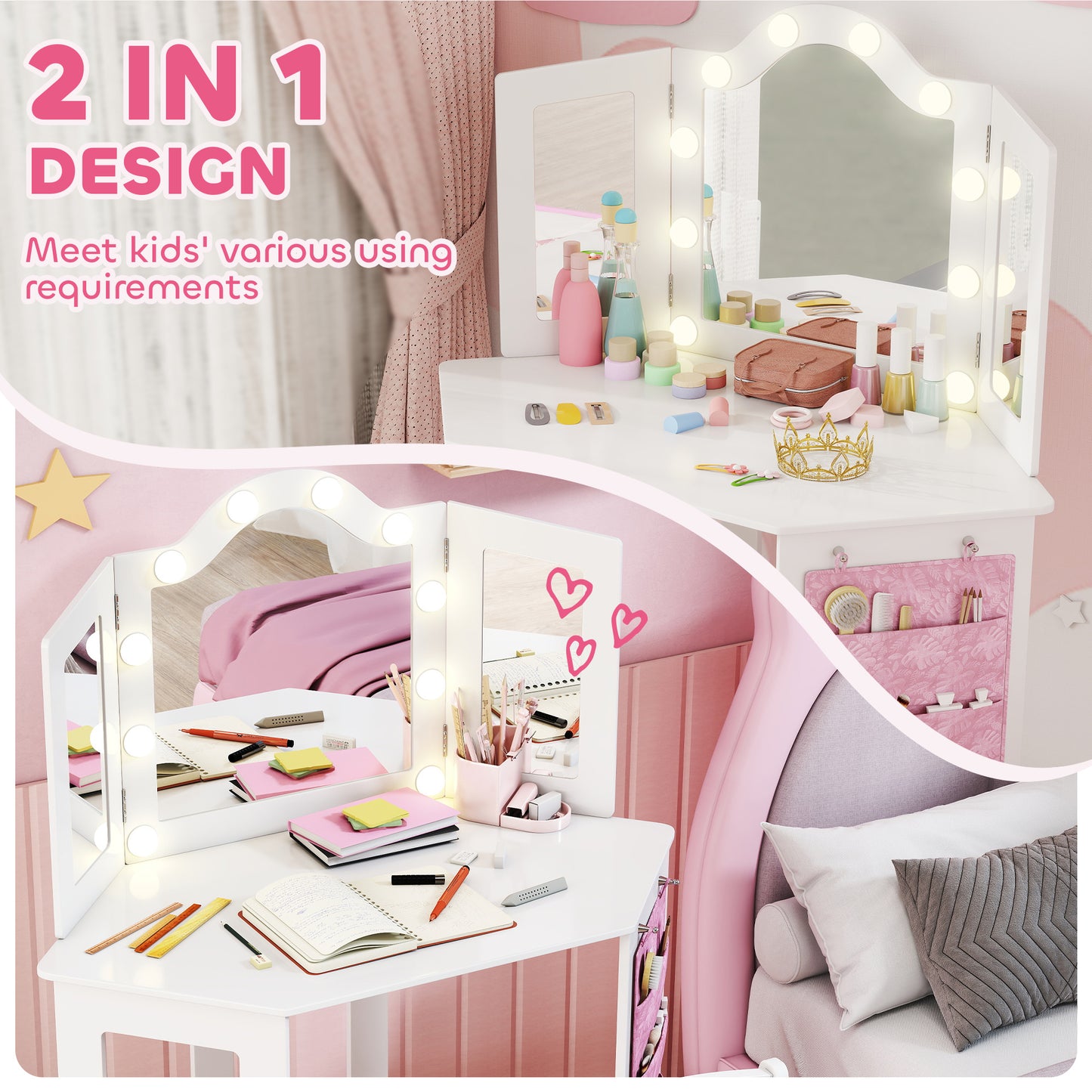 AIYAPLAY Girls Vanity Table And Stool Set With Tri Folding Mirror And Two Color LED Lights White