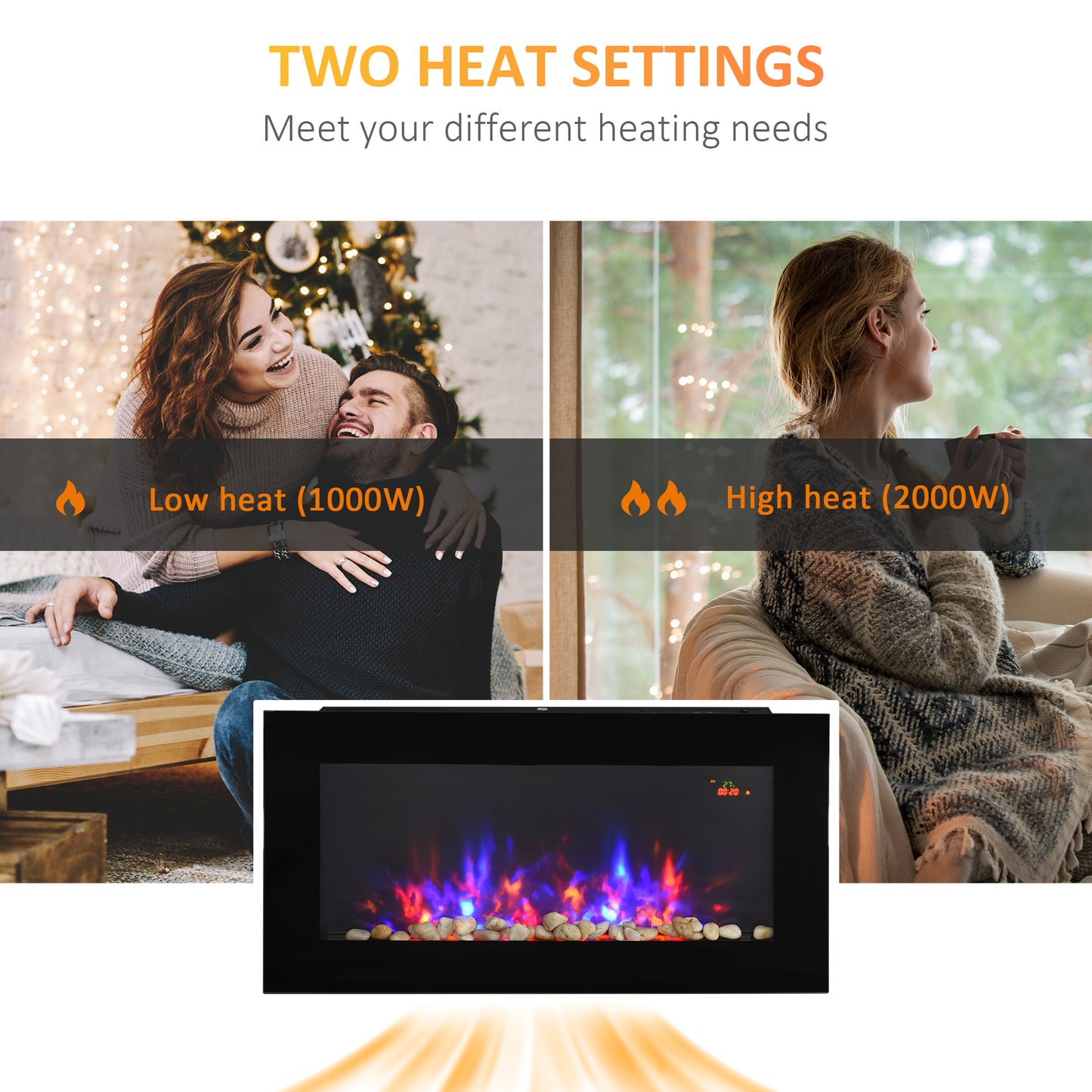 HOMCOM Sleek LED Electric Fireplace Heater with Remote Control and Faux Flame Effect - 1000W/2000W Adjustable Heat, Wall-Mounted Design - ALL4U RETAILER LTD