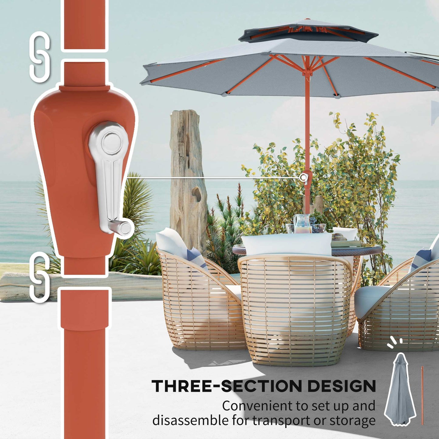 Outsunny 2.7m Garden Parasol With Double Top Canopy Outdoor Market Table Umbrella Crank System Light Grey
