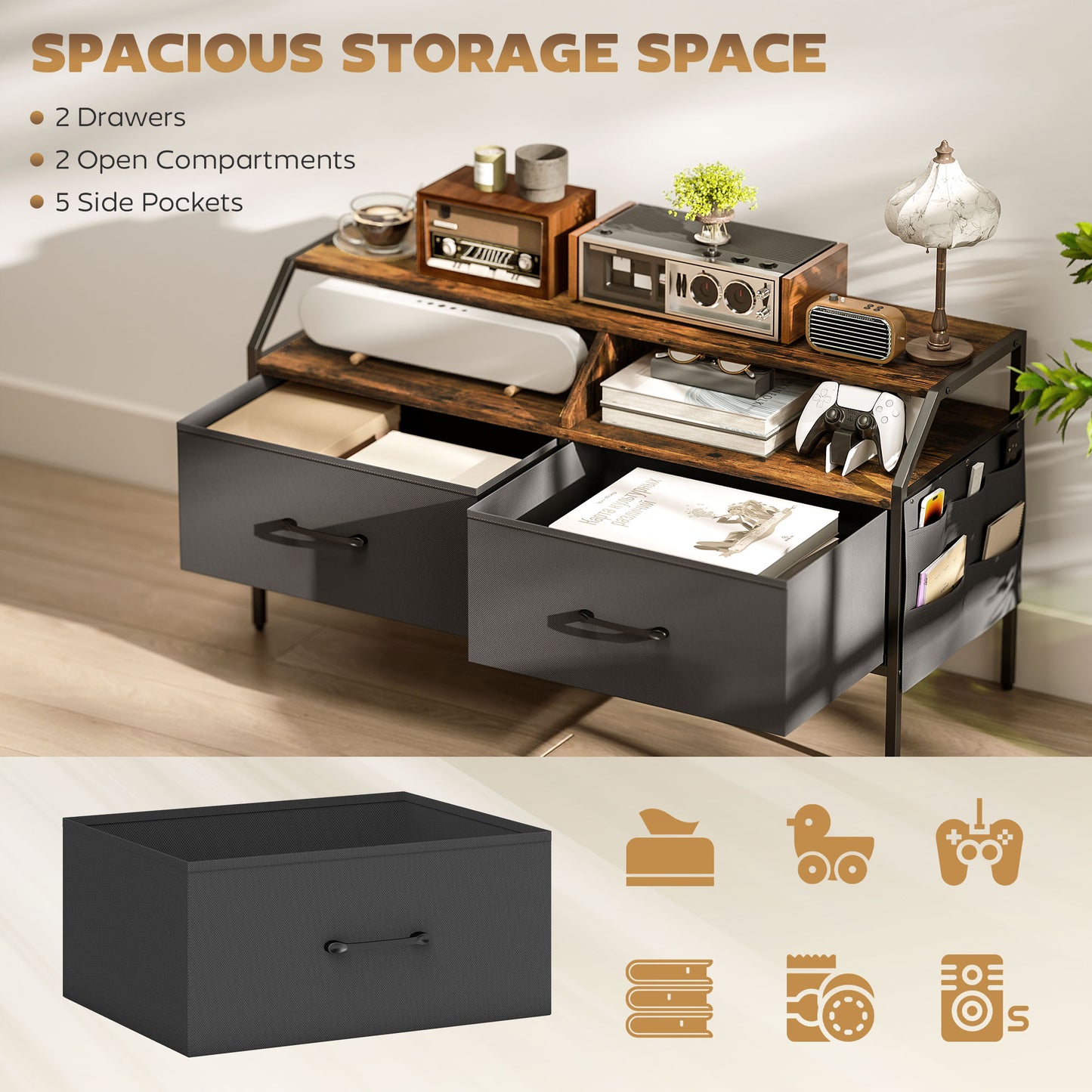 HOMCOM Industrial Style TV Stand Cabinet Brown For 55 Inch TV With Two Drawers Shelves And Side Pockets