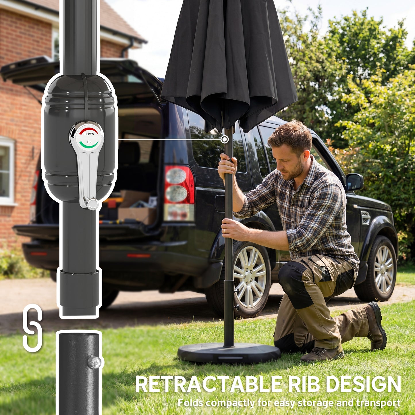 Outsunny 2.7 m Garden Parasol Umbrella With Cross Base And Sandbag Retractable Ribs Outdoor Market Umbrella Black